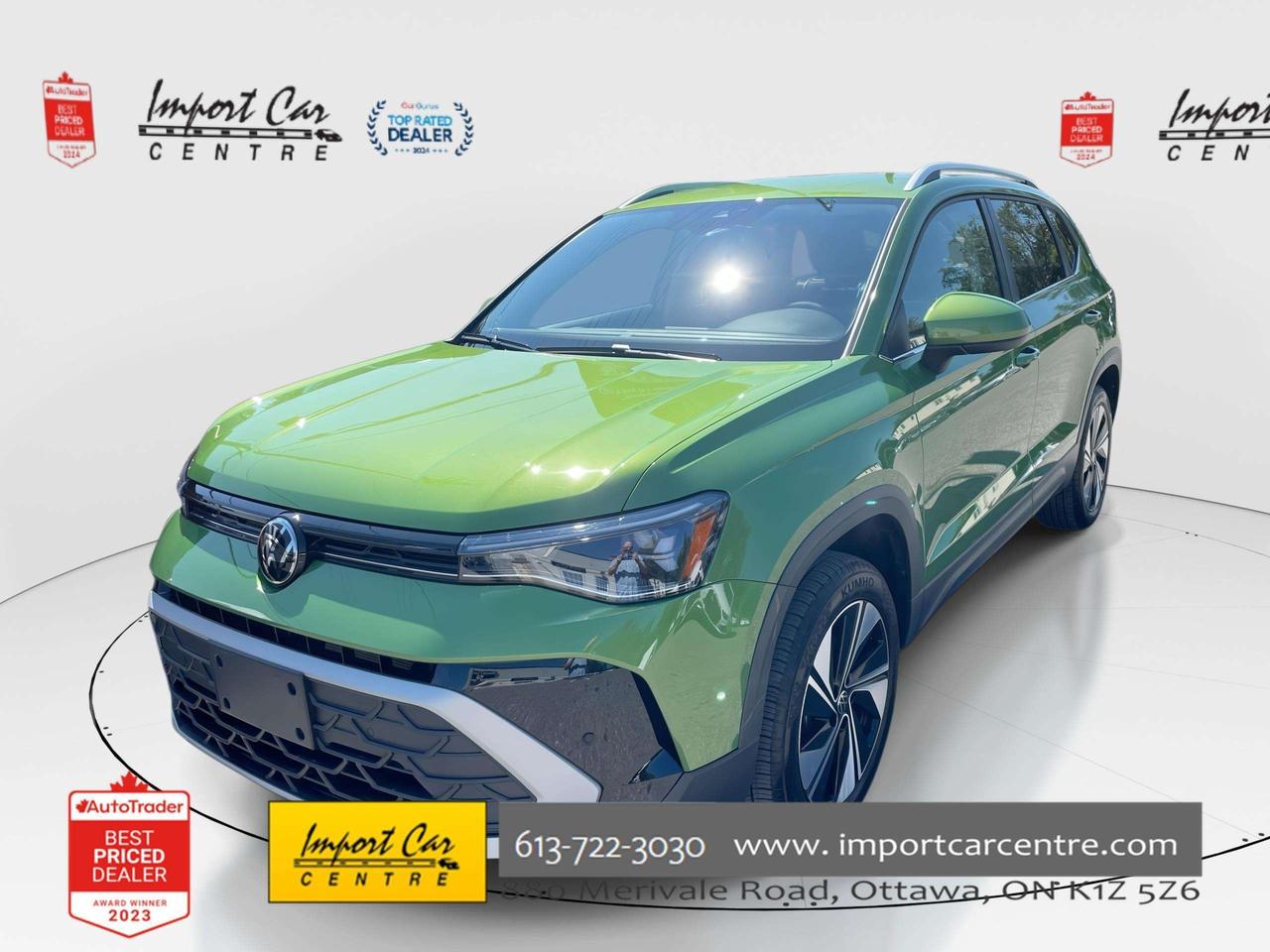 *** OTTAWA&rsquo;S ORIGINAL IMPORT DEALER!!  NO ACCIDENTS * SMETANA APPROVED ***  Redesigned, great ergonomics, sleek styling, loaded with equipment and safety features!!  Finished in Serrano Green Metallic with black leatherette seating surfaces, 18 Fiji alloys, adaptive LED headlamps, light assist, alarm system with immobilizer, drivers lumbar support, wireless charging, SiriusXM radio, keyless access with push start button, remote start, voice control, VW Digital Cockpit Pro, 6 speaker sound system, backup camera, front and rear park distance control, Apple Car Play, Android Auto, privacy glass, hill hold assist, hill decent control, 4Motion all wheel drive, Driving Profile Selection, Eco drive mode, start/stop function, heated washer nozzles, adaptive cruise control, dual zone climate control system, rain sensing wipers, heated seats, electronic stability control, blind spot with rear traffic alert, lane assist, emergency assist, only 8,598kms all compliment this like new 2025 Volkswagen Taos Comfortline 4Motion.  Perfection and beyond!!  Home of the Platinum up to 240,000kms warranty and financing is always available O.A.C Import Car Centre, proudly serving the Ottawa and surrounding area for over 45 years. Come down and experience Import Car Centre for yourself and see just why our customers are so happy! 

  Advertised price includes $22 OMVIC fee and $40 Carfax fee; excludes taxes and licensing. #importcarcentre #smetanaapproved #iccs
