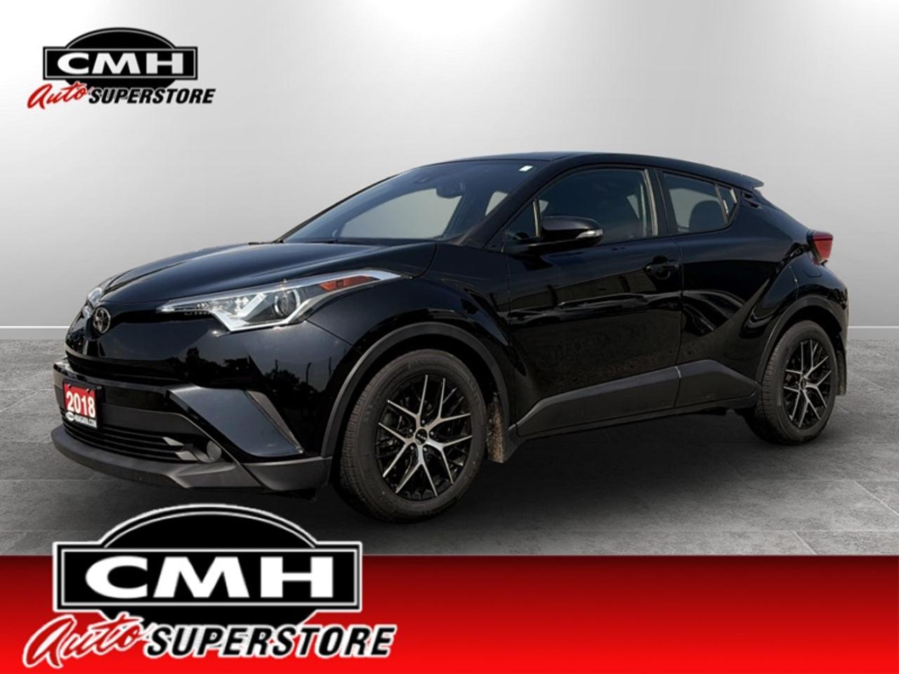 <b>UNDER 100,000 KMS !! REAR CAMERA (MIRROR), LANE SENSING W/ASSIST, COLLISION SENSORS, BLIND SPOT DETECTION, ADAPTIVE CRUISE, AUTO HIGH BEAM, BLUETOOTH, STEERING WHEEL CONTROLS, POWER LUMBAR, HEATED SEATS, DUAL CLIMATE, POWER FOLD MIRRORS, 17-IN RTX ALLOYS</b><br>  <br>CMH certifies that all vehicles meet DOUBLE the Ministry standards for Brakes and Tires. The advertised price is the promotional financing price. For all other methods of payment, the selling price is $500 higher.<br><br> <br>This 2018 Toyota C-HR is for sale today.<br> <br>The C-HR is unlike anything Toyota has ever created. Youll feel the difference with premium features and intuitive technology that are designed to keep you comfortable and connected. It is a blast to drive, with the perfect blend of responsiveness and control that will make every drive memorable. With a spacious interior for all your passengers and gear, and state-of-the-art safety features that come standard, were confident youll agree that theres nothing quite like this amazing SUV.<br> <br>This SUV has 99,227 km. Its Black Sand Pearl in colour and is completely accident free based on the <a href=https://vhr.carfax.ca/?id=7k9HCfHgTMwMdHNe7Z0iz1cjAdsbQo/V target=_blank>CARFAX Report</a>. It has an Automatic transmission and is powered by a 144HP 2.0L 4 Cylinder Engine. <br> <br> Our C-HRs trim level is XLE. Unique styling isnt the only thing this C-HR has to offer. It also comes well appointed with a 7-inch touchscreen radio, Bluetooth, 6-speaker audio, a backup camera, dual-zone automatic climate control, heated front seats, a rear spoiler, aluminum alloy wheels, and Toyota Safety Sense which includes technology like a pre-collision system, lane departure alert, dynamic radar cruise control, and more.<br> <br>To apply right now for financing use this link: <a href=https://www.cmhniagara.com/financing/ target=_blank>https://www.cmhniagara.com/financing/</a><br> <br/><br>**PLEASE NOTE:** The functionality and condition of any accessories and aftermarket parts are not guaranteed by CMH Auto Superstore. Examples of such items include, but are not limited to: tonneau covers, radios, cameras, remote starts, vent visors, roof racks, winches, light bars, headlights/tail lights, center caps, running boards, etc. If an aftermarket part is safety-related and found to be defective, it will be replaced by a factory option.<br><b>**CMH Auto Superstore reserves the right to choose to repair, modify, or replace all aftermarket parts (example  headlights) or accessories at its sole discretion.**</b><br><br>Trade-ins are welcome! Financing available OAC ! Price INCLUDES a valid safety certificate! Price INCLUDES a 60-day limited warranty on all vehicles except classic or vintage cars. CMH is a Full Disclosure dealer with no hidden fees. We are a family-owned and operated business for over 30 years! o~o