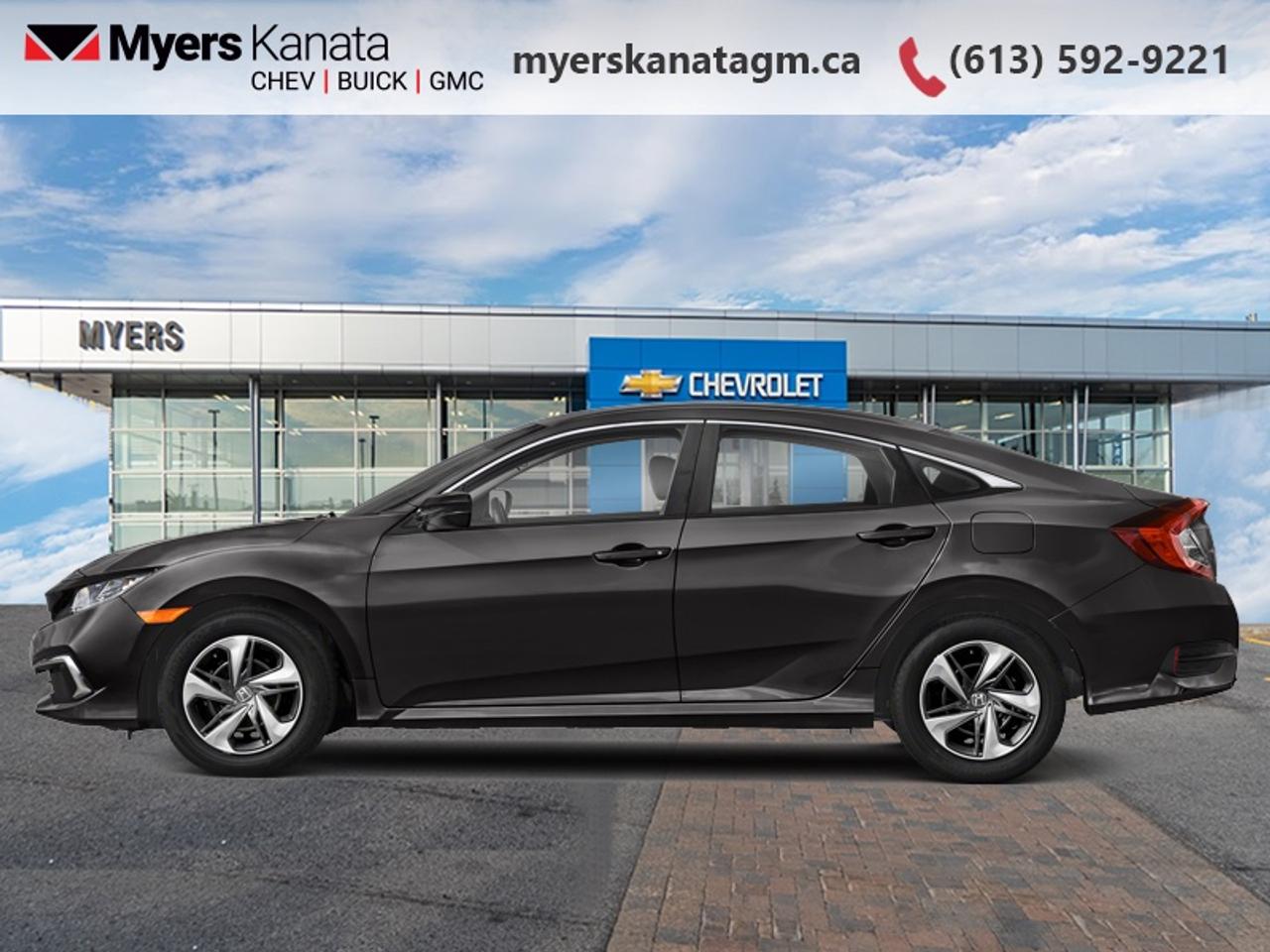 <b>Heated Seats,  Apple CarPlay,  Android Auto,  Lane Keep Assist,  Collision Mitigation!</b><br> <br> This 2021 Honda Civic Sedan is fresh on our lot in Kanata.<br> <br>With harmonious power, excellent handling capability, plus its engaging driving dynamic, this 2021 Honda Civic is a highly compelling choice in the eco-friendly compact car segment. Regardless of your style preference or driving habits, this impressive Honda Civic will perfectly suit your wants and needs. The Civic offers the right amount of cargo space, an aggressive exterior design with sporty and sleek body lines, plus a comfortable and ergonomic interior layout that works well with all family sizes. This Civic easily makes a bold statement without saying a word!<br> <br>This sedan has 92,452 km. Its Gray in colour. It has an Automatic transmission and is powered by a 158HP 2.0L 4 Cylinder Engine. <br> <br> Our Civic Sedans trim level is LX. This base model LX Civic still packs a lot of features for an incredible value with driver assistance technology like collision mitigation with forward collision warning, lane keep assist with road departure mitigation, adaptive cruise control, straight driving assist for slopes, and automatic highbeams you normally only expect with a higher price. The interior is as comfy and advanced as you need with heated front seats, remote keyless entry, Apple CarPlay, Android Auto, Bluetooth, Siri EyesFree, WiFi tethering, steering wheel with cruise and audio controls, multi-angle rearview camera, 7 inch driver information display, and automatic climate control. The exterior has some great style with aluminum wheels, independent suspension, heated power side mirrors, and LED taillamps. This vehicle has been upgraded with the following features: Heated Seats, Apple CarPlay, Android Auto, Lane Keep Assist, Collision Mitigation, Siri EyesFree, Remote Keyless Entry .<br> <br>To apply right now for financing use this link: <a href=https://www.myerskanatagm.ca/finance/ target=_blank>https://www.myerskanatagm.ca/finance/</a><br> <br/><br>Price is plus HST and licence only.<br> Book a test drive today at myerskanatagm.ca<br>*LIFETIME ENGINE TRANSMISSION WARRANTY NOT AVAILABLE ON VEHICLES WITH KMS EXCEEDING 140,000KM, VEHICLES 8 YEARS & OLDER, OR HIGHLINE BRAND VEHICLE(eg. BMW, INFINITI. CADILLAC, LEXUS...)<br> Come by and check out our fleet of 40+ used cars and trucks and 150+ new cars and trucks for sale in Kanata.  o~o