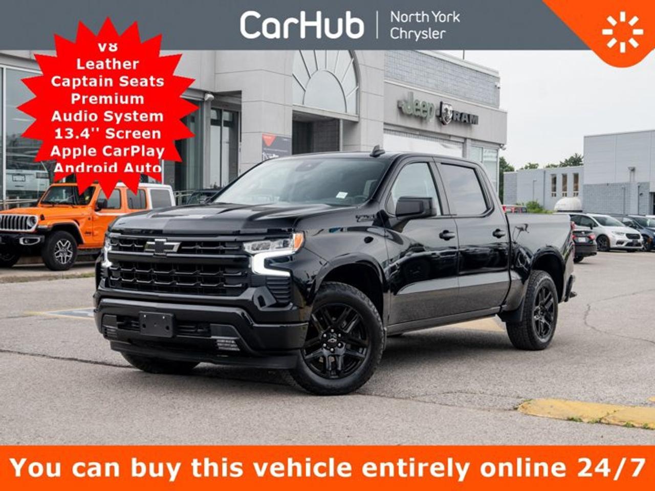 <p>2024 CHEVROLET SILVERADO 1500 RST CREW CAB 4X4</p><p>Black / Jet Black Leather | 5.3L EcoTec3 V8 | Z71 Off-Road Package | $10,320 in Factory Options</p><p>Introducing this exceptionally equipped 2024 Chevrolet Silverado 1500 RST Crew Cab Short Bed 4x4, finished in commanding Black with a Jet Black leather interior.</p><p>Powered by the upgraded 5.3L EcoTec3 V8 producing 355 horsepower and 383 lb-ft of torque, paired with a 10-speed automatic transmission and four-wheel drive, this Silverado delivers confident acceleration, towing capability, and traditional V8 character.</p><p>This example was originally configured with $10,320 in factory options, including the 5.3L V8, Convenience Package II, Leather Package, Z71 Off-Road Package, Protection Package, Dark Essentials Package, front bucket seats, upgraded aluminum wheels, all-terrain tires, and all-weather floor protection. Its original MSRP was $76,019 CAD.</p><p>Factory Upgrades & Added Value:</p><p>5.3L EcoTec3 V8 --- $2,995 Factory Upgrade<br />The 355-horsepower V8 provides smooth naturally aspirated response and 383 lb-ft of torque for passing, towing, hauling, and everyday driving. Dynamic Fuel Management helps balance V8 power with efficiency when full output is not required.</p><p>Convenience Package II --- $1,695 in Added Value<br />Adds a power-sliding rear window, universal garage-door opener, and Premium Sound System, improving cabin convenience and enjoyment during daily driving and longer journeys.</p><p>Leather Package --- $1,255 Premium Upgrade<br />Jet Black leather seating gives the RST a more upscale cabin while providing durability, easy maintenance, and greater long-term desirability.</p><p>Upgraded Aluminum Wheels --- $920 Factory Upgrade<br />Enhance the RSTs stance and complement its monochromatic body-colour styling and dark exterior details.</p><p>Z71 Off-Road Package --- $885 in Added Capability<br />Adds off-road suspension, Hill Descent Control, skid plates, heavy-duty air filtration, dual exhaust, and Z71 identification. These are functional upgrades for snow, gravel, trails, and uneven job sites.</p><p>Protection Package --- $805 in Added Value<br />Adds cargo-box and body protection, including a spray-on bedliner and rear wheelhouse protection, helping defend high-wear areas from tools, moisture, cargo, and road debris.</p><p>Front Bucket Seats --- $715 Factory Upgrade<br />Create a more premium layout with a centre console, heated seats, power driver adjustment, lumbar support, and additional storage.</p><p>Dark Essentials Package --- $465 Appearance Upgrade<br />Dark exterior badging and accents create a cleaner, more aggressive appearance that suits the Black RST finish.</p><p>All-Weather Floor Protection --- $315 Factory Upgrade<br />Helps contain snow, mud, water, road salt, and debris while preserving the interior carpeting.</p><p>All-Terrain Tires --- $250 Capability Upgrade<br />Improve traction on snow, gravel, loose surfaces, and light trails while remaining suitable for everyday driving.</p><p>Over $10,000 in Factory Options<br />The $63,499 base price, $10,320 in options, and $2,200 destination charge brought this Silverados original MSRP to $76,019 CAD. As a pre-owned vehicle, it offers these upgrades without their full original new-vehicle cost.</p><p>Additional Equipment & Customer Value:</p><p>10-Speed Automatic & Four-Wheel Drive<br />The transmission provides smooth power delivery with Tow/Haul programming and grade-braking functions. Four-wheel drive and a locking rear differential add confidence in snow, rain, mud, and loose terrain.</p><p>Crew Cab with Short Bed<br />The Crew Cab provides generous passenger space in both rows, while the short-bed layout retains everyday cargo versatility without making the truck unnecessarily difficult to park or manoeuvre.</p><p>Trailering Equipment<br />A factory hitch, Hitch Guidance, four-pin and seven-pin connections, Trailer Sway Control, and Tow/Haul functionality create a strong towing foundation. Actual capacity depends on passengers, cargo, trailer configuration, and installed equipment.</p><p>Comfort & Interior Versatility<br />Heated front seats, a heated steering wheel, dual-zone climate control, remote start, and power driver adjustment provide four-season comfort. The up-level folding rear seat with storage adapts easily between passengers, luggage, tools, and equipment.</p><p>Technology & Connectivity<br />Equipment includes a 12.3-inch digital driver display, Apple CarPlay, Android Auto, Bluetooth, satellite radio, Wi-Fi hotspot capability, steering-wheel controls, and the upgraded Premium Sound System.</p><p>Chevrolet Safety Assist<br />Forward Collision Alert, Automatic Emergency Braking, Front Pedestrian Braking, Lane Keep Assist, Lane Departure Warning, Following Distance Indicator, automatic high beams, and an HD backup camera provide additional awareness and confidence.</p><p>BLACKED-OUT RST STYLE WITH V8 AND Z71 CAPABILITY</p><p>The 2024 Chevrolet Silverado 1500 RST Crew Cab 4x4 combines 5.3L V8 performance, Z71 off-road capability, leather comfort, premium technology, and more than $10,000 in factory options.</p><p>Finished entirely in Black, it is an outstanding opportunity for someone seeking a powerful and well-equipped V8 pickup for daily driving, Canadian winters, work duties, towing, family travel, and weekend adventures.</p><p>Drive Happy with CarHub</p><p>*** All-inclusive, upfront prices --- no haggling, negotiations, pressure, or games. ***</p><p>*** Purchase or lease a vehicle and receive a $1,000 CarHub Rewards Card for service. ***</p><p>*** All available manufacturer rebates have been applied and included in our sale price. ***</p><p>*** Purchase this vehicle fully online on CarHub websites. ***</p><p>Transparency Statement</p><p>USED VEHICLES: Online prices and payments are for finance purchases --- please note there is an $850 safety certification fee. If not Certified, then as per OMVIC Regulations the vehicle is deemed to be not drivable and Not Certified. Cash purchases for used vehicles have a $2,350 surcharge which includes the safety certification (the finance price + $2,350).</p><p>NEW VEHICLES: New financed vehicles are subject to an $850 Processing Fee. New cars priced at over $100,000 including add-ons or accessories are subject to the additional federal luxury tax.</p><p>While every effort is taken to avoid errors, technical or human error can occur, so please confirm vehicle features, options, materials, and other specs with your CarHub representative. This can easily be done by calling us or by visiting us at the dealership.</p><p>CarHub used vehicles come standard with 1 key. If we receive more than one key from the previous owner, we include them with the vehicle. Additional keys may be purchased at the time of sale. Ask your Product Advisor for more details.</p><p>Payments are only estimates derived from a standard term/rate on approved credit. Terms, rates and payments may vary. Prices, rates and payments are subject to change without notice. Please see our website for more details.</p>