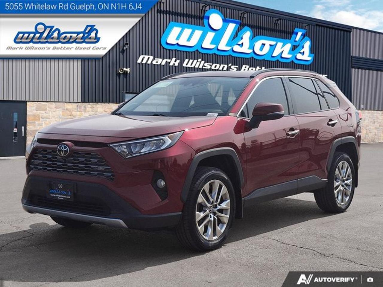 Look at this certified 2019 Toyota RAV4 Limited AWD | Leather | Sunroof | Heated Seats + Steering | Adaptive Cruise | Power Liftgate & More!. Its Automatic transmission and 2.5 L engine will keep you going. This Toyota RAV4 has the following options: Wireless phone charger, USB Port, Touch Screen, Reverse Camera, Rear Heated Seats, Premium Sound, Power Sunroof, Navigation System, Leather Steering Wheel, and Leather. Stop by and visit us at Mark Wilsons Better Used Cars, 5055 Whitelaw Road, Guelph, ON N1H 6J4.MASSIVE SELECTION: 500+ vehicles in ONE LOCATION, all Live Market Priced for the best value!STRAIGHTFORWARD & TRANSPARENT PRICING: Our Advertised Price INCLUDES:Safety Certification! (No separate certification fee upcharge).FREE Carfax History Report!NO upcharge for paying cash!CONFIDENCE & PEACE OF MIND: 30-Day/3,000 km Warranty INCLUDED! Plus a 5-Day Exchange Privilege!*EASY FINANCING: Better-than-bank rates, $0 Down, and 3 Months No Payments available OAC. BAD CREDIT APPROVED HERE!WE BUY CARS: Get Top Dollar for your trade, or sell us your vehicle for CASH even if you dont buy ours!www.shopwilsons.comAn Honest, Transparent Buying Experience. Trusted in business since 1961!(Cash Prices Exclude HST and Licensing Fees only.)