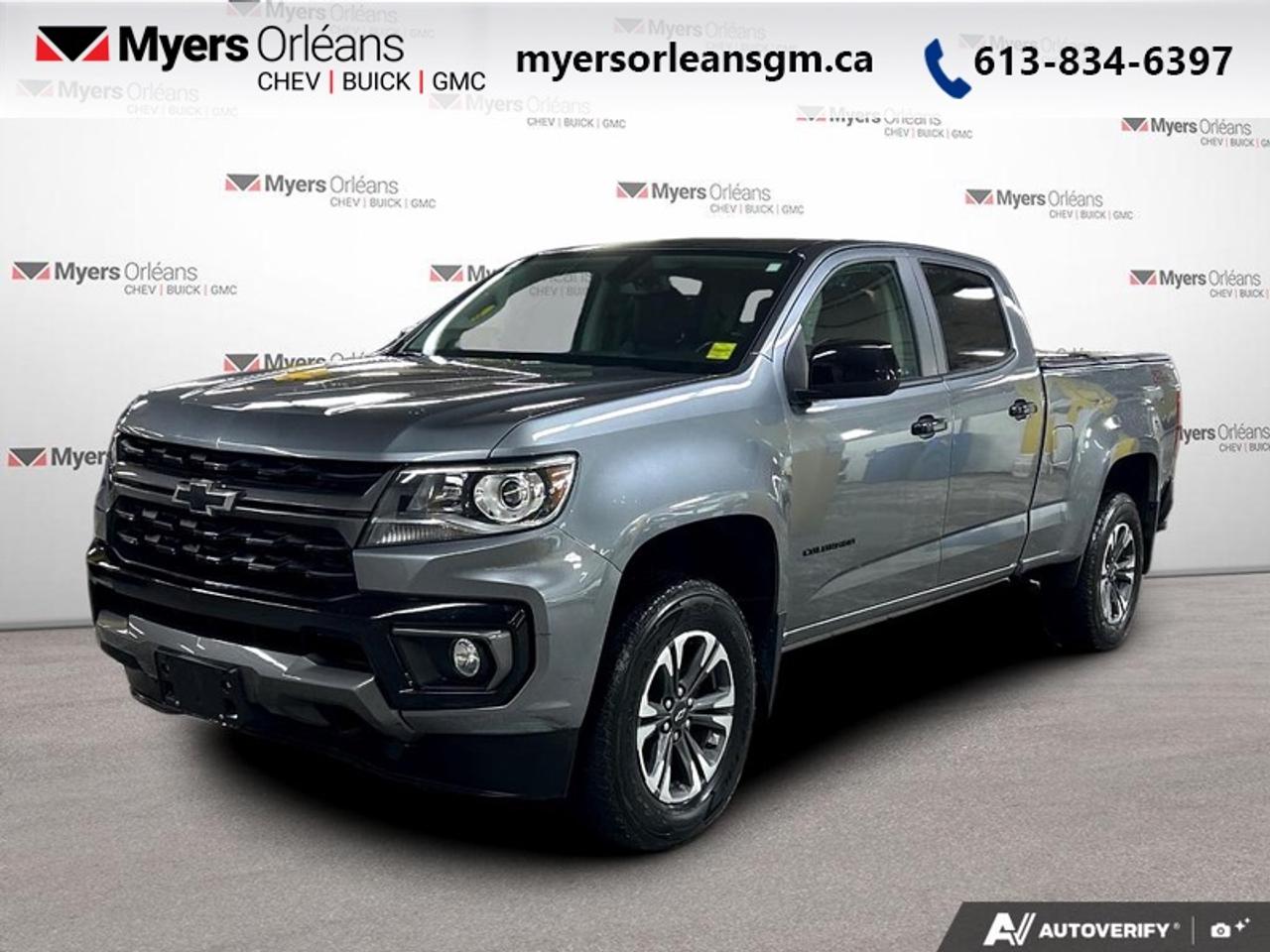 <b>Off Road Suspension,  Remote Engine Start,  Aluminum Wheels,  Apple CarPlay,  Android Auto!</b><br> <br> The clever and capable Chev Colorado offers nearly as much utility as the its bigger brother. This 2022 Chevrolet Colorado is fresh on our lot in Orleans.<br> <br>This Chevrolet Colorado offers a new take on the midsize pickup truck. With its combination of rugged good looks, advanced technology, capable towing ability and fuel efficient engine, the Colorado is the truck that helps you push every boundary and accept any challenges. From tackling urban streets to driving off the beaten path, this pickup is definitely worth a first, second and third look.<br> <br>This Crew Cab 4X4 pickup has 73,422 km. Its Grey in colour. It has an Automatic transmission and is powered by a 308HP 3.6L V6 Cylinder Engine. <br> <br> Our Colorados trim level is Z71. Upgrading to this Z71 trim is a great choice as it comes with a larger 8 inch color touchscreen display featuring Android Auto and Apple CarPlay, a 6 speaker audio system and wireless streaming audio. It also includes unique aluminum wheels, an off-road suspension, automatic locking rear differential, automatic climate control, an EZ lift and lower tailgate, rear vision camera, leather wrapped steering wheel, 4G LTE and available built-in Wi-Fi, 4-way power driver and passenger seat, remote keyless entry, teen driver technology and so much more! This vehicle has been upgraded with the following features: Off Road Suspension, Remote Engine Start, Aluminum Wheels, Apple CarPlay, Android Auto, Power Seat, Wireless Charging.<br> <br>To apply right now for financing use this link: <a href=https://www.myersorleansgm.ca/FinancePreQualForm target=_blank>https://www.myersorleansgm.ca/FinancePreQualForm</a><br> <br/><br>*MYERS LIFETIME ENGINE AND TRANSMISSION COVERAGE CERTIFICATE NOT AVAILABLE ON VEHICLES WITH KMS EXCEEDING 140,000KM, VEHICLES 8 YEARS & OLDER, OR HIGHLINE BRAND VEHICLE(eg. BMW, INFINITI. CADILLAC, LEXUS...)<br> Come by and check out our fleet of 40+ used cars and trucks and 180+ new cars and trucks for sale in Orleans.  o~o