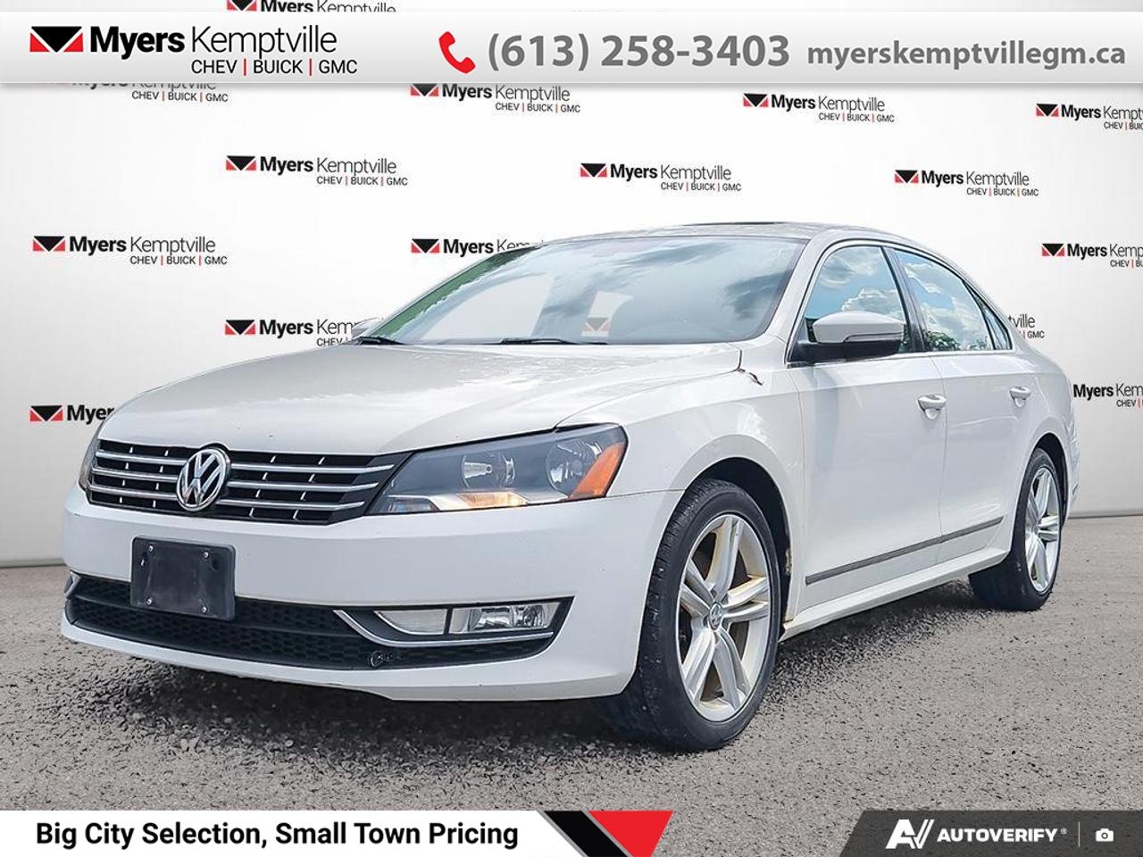 This 2013 Volkswagen Passat is for sale today.<br> <br>The 2013 Volkswagen Passat is the largest passenger car in the Volkswagen line-up. It has all the refinements and technology expected of a modern German vehicle. Some tweaking inside makes the center consoles cup holders and storage space more functional, and a rearview camera is now offered on the top SEL trim level.<br> <br>This sedan has 189,000 km. Its nice in colour. It has an Automatic transmission and is powered by a 140HP 2.0L 4 Cylinder Engine.<br> <br>To apply right now for financing use this link: <a href=https://www.myerskemptvillegm.ca/finance/ target=_blank>https://www.myerskemptvillegm.ca/finance/</a><br> <br/><br>Myers deals with almost every major lender and can offer the most competitive financing options available. All of our premium used vehicles are fully detailed, subjected to a minimum 150 point inspection and are fully backed by the dealership and General Motors. <br><br>For more details on our Myers Exclusive Engine Transmission for life coverage, follow this link: <a href=https://www.myerskanatagm.ca/myers-engine-transmission-for-life/>Life Time Coverage</a>*LIFETIME ENGINE TRANSMISSION WARRANTY NOT AVAILABLE ON VEHICLES WITH KMS EXCEEDING 140,000KM, VEHICLES 8 YEARS & OLDER, OR HIGHLINE BRAND VEHICLE(eg. BMW, INFINITI. CADILLAC, LEXUS...) o~o