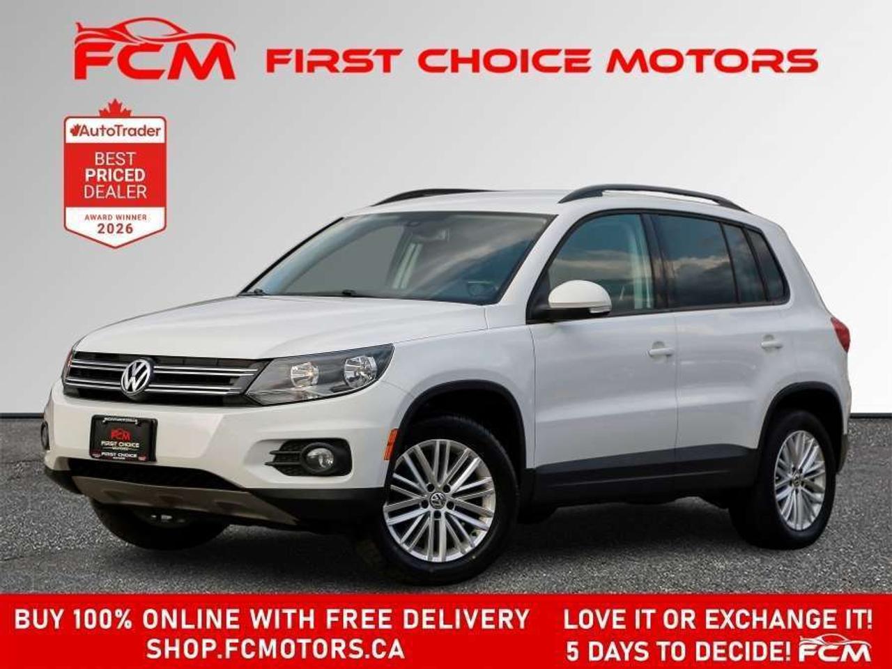 ** ** SPECIAL LIMITED TIME OFFER ** ** PURCHASE ANY VEHICLE THIS WEEK AND RECEIVE 4 BRAND-NEW ALL-SEASON TIRES AT NO ADDITIONAL COST!!! DONT MISS THIS EXCLUSIVE CHANCE TO UPGRADE YOUR RIDE AND STAY PREPARED FOR ANY WEATHER!!! <br> <br> EXCITING NEWS FROM FIRST CHOICE MOTORS! Our brand-new online showroom is now open to the public, bringing the ultimate car shopping experience right to your fingertips! Enjoy a 100% online car shopping experience, with over 500 certified vehicles in stock, comprehensive protection plans, and thousands of new auto parts & accessories available! Plus, for a limited time, were offering FREE deliveries across Ontario on all vehicle purchases! Dont miss outvisit Shop.fcmotors.ca to find and upgrade your perfect vehicle today!<br> <br> Welcome to First Choice Motors, the largest car dealership in Toronto of pre-owned cars, SUVs, and vans priced between $5000-$15,000. With an impressive inventory of over 300 vehicles in stock, we are dedicated to providing our customers with a vast selection of affordable and reliable options. <br> <br> Were thrilled to offer a used 2016 Volkswagen Tiguan 4MOTION, white color with 124,000km (STK#10203) This vehicle was $12990 NOW ON SALE FOR $11990. It is equipped with the following features:<br> - Automatic Transmission<br> - Heated seats<br> - Navigation<br> - All wheel drive<br> - Bluetooth<br> - Reverse camera<br> - Alloy wheels<br> - Power windows<br> - Power locks<br> - Power mirrors<br> - Air Conditioning<br> <br> At First Choice Motors, we believe in providing quality vehicles that our customers can depend on. All our vehicles come with a 36-day guarantee on all safety related items. We also offer additional warranty options up to 5 years for our customers who want extra peace of mind.<br> <br> Furthermore, all our vehicles are sold fully certified with brand new brakes rotors and pads, a fresh oil change, and brand new set of all-season tires installed & balanced. You can be confident that this car is in excellent condition and ready to hit the road.<br> <br> At First Choice Motors, we believe that everyone deserves a chance to own a reliable and affordable vehicle. Thats why we offer financing options with low interest rates starting at 7.9% O.A.C. Were proud to approve all customers, including those with bad credit, no credit, students, and even 9 socials. Our finance team is dedicated to finding the best financing option for you and making the car buying process as smooth and stress-free as possible.<br> <br> Our dealership is open 7 days a week to provide you with the best customer service possible. We carry the largest selection of used vehicles for sale under $9990 in all of Ontario. We stock over 300 cars, mostly Hyundai, Chevrolet, Mazda, Honda, Volkswagen, Toyota, Ford, Dodge, Kia, Mitsubishi, Acura, Lexus, and more. With our ongoing sale, you can find your dream car at a price you can afford. Come visit us today and experience why we are the best choice for your next used car purchase!<br> <br> All prices include $22.00 OMVIC Fee.  Excludes, license plates, ownership registration and ONTARIO HST (13%)<br> *No Credit Card payments can be accepted for Vehicle Purchases*<br/><br/>*No Credit Card payments can be accepted for Vehicle Purchases*