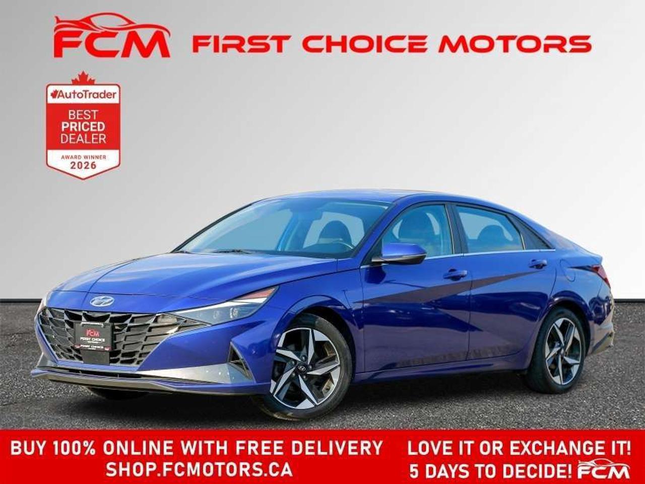 ** ** SPECIAL LIMITED TIME OFFER ** ** PURCHASE ANY VEHICLE THIS WEEK AND RECEIVE 4 BRAND-NEW ALL-SEASON TIRES AT NO ADDITIONAL COST!!! DONT MISS THIS EXCLUSIVE CHANCE TO UPGRADE YOUR RIDE AND STAY PREPARED FOR ANY WEATHER!!!       EXCITING NEWS FROM FIRST CHOICE MOTORS! Our brand-new online showroom is now open to the public, bringing the ultimate car shopping experience right to your fingertips! Enjoy a 100% online car shopping experience, with over 500 certified vehicles in stock, comprehensive protection plans, and thousands of new auto parts & accessories available! Plus, for a limited time, were offering FREE deliveries across Ontario on all vehicle purchases! Dont miss outvisit Shop.fcmotors.ca to find and upgrade your perfect vehicle today!      Welcome to First Choice Motors, the largest car dealership in Toronto of pre-owned cars, SUVs, and vans priced between $5000-$15,000. With an impressive inventory of over 300 vehicles in stock, we are dedicated to providing our customers with a vast selection of affordable and reliable options.       Were thrilled to offer a used 2021 Hyundai Elantra ULTIMATE, blue color with 191,000km (STK#10201) This vehicle was $15990 NOW ON SALE FOR $14990. It is equipped with the following features:   - Automatic Transmission   - Leather Seats   - Sunroof   - Heated seats   - Navigation   - Bluetooth   - Apple CarPlay   - Reverse camera   - Alloy wheels   - Power windows   - Power locks   - Power mirrors   - Air Conditioning      At First Choice Motors, we believe in providing quality vehicles that our customers can depend on. All our vehicles come with a 36-day guarantee on all safety related items. We also offer additional warranty options up to 5 years for our customers who want extra peace of mind.      Furthermore, all our vehicles are sold fully certified with brand new brakes rotors and pads, a fresh oil change, and brand new set of all-season tires installed & balanced. You can be confident that this car is in excellent condition and ready to hit the road.      At First Choice Motors, we believe that everyone deserves a chance to own a reliable and affordable vehicle. Thats why we offer financing options with low interest rates starting at 7.9% O.A.C. Were proud to approve all customers, including those with bad credit, no credit, students, and even 9 socials. Our finance team is dedicated to finding the best financing option for you and making the car buying process as smooth and stress-free as possible.      Our dealership is open 7 days a week to provide you with the best customer service possible. We carry the largest selection of used vehicles for sale under $9990 in all of Ontario. We stock over 300 cars, mostly Hyundai, Chevrolet, Mazda, Honda, Volkswagen, Toyota, Ford, Dodge, Kia, Mitsubishi, Acura, Lexus, and more. With our ongoing sale, you can find your dream car at a price you can afford. Come visit us today and experience why we are the best choice for your next used car purchase!      All prices include $22.00 OMVIC Fee.  Excludes, license plates, ownership registration and ONTARIO HST (13%)   *No Credit Card payments can be accepted for Vehicle Purchases*    *No Credit Card payments can be accepted for Vehicle Purchases*
