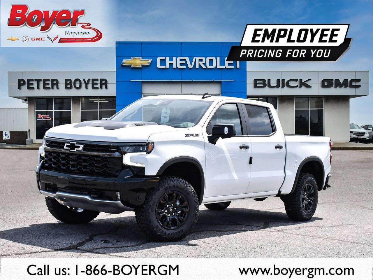 <p>Unleash your adventurous spirit with the 2026 Chevrolet Silverado 1500 ZR2 Crew Cab Short Box 4-Wheel Drive. Its commanding presence in a pristine white finish, coupled with its robust 4×4 drivetrain, offers unparalleled handling for those who dare to explore.</p> <p>The exterior is accentuated by the Dark Appearance Package, featuring 18" gloss black aluminum wheels and striking black badging, giving it a distinct edge. Step inside, and you're greeted by luxurious Jet Black/Graystone perforated leather seats, designed with both comfort and sophistication in mind. Enjoy the convenience of a power sunroof, remote start, and keyless entry, ensuring every ride is as pleasant as it is powerful.</p> <p>This truck is loaded with state-of-the-art technology, including the Chevrolet Infotainment 3 Premium System. Its 13.4" HD colour touchscreen is equipped with Google built-in, navigation, Bluetooth, and wireless Apple CarPlay and Android Auto, keeping you connected on every journey. Safety is paramount with features like adaptive cruise control, lane assist, parking sensors, and a backup camera, providing peace of mind for you and your passengers.</p> <p>Ideal for those who crave versatility and technological innovation, this Silverado is a perfect choice for families, adventurers, or professionals who need a reliable and stylish vehicle. Contact Peter Boyer Chevrolet Buick GMC today to learn more or schedule a test drive!</p>