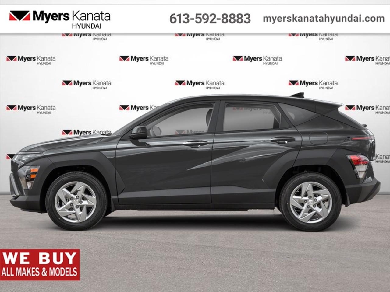 Greetings. This multi-purpose 2027 Hyundai Kona Essential is for sale now in Kanata. This Ecotronic Grey SUV has an Automatic transmission. <br> <br> Our Konas trim level is Essential.<br><br> <br>To apply right now for financing use this link: <a href=https://www.myerskanatahyundai.com/finance/ target=_blank>https://www.myerskanatahyundai.com/finance/</a><br> <br/>5.99% financing for 96 months. <br> Buy this vehicle now for the lowest weekly payment of <b>$107.48</b> with $0 down for 96 months @ 5.99% APR O.A.C. ( Plus applicable taxes - $2596 and licensing fees **Rebates may not be applicable on all purchase types [cash, lease, or finance]. Eligibility and conditions may vary. Please see dealer for full details and confirmation of eligibility. ). Incentives expire 2026-08-31. See dealer for details. <br><br>This vehicle is located at Myers Kanata Hyundai 400-2500 Palladium Dr Kanata, Ontario. <br><br> Come by and check out our fleet of 40+ used cars and trucks and 200+ new cars and trucks for sale in Kanata.  o~o