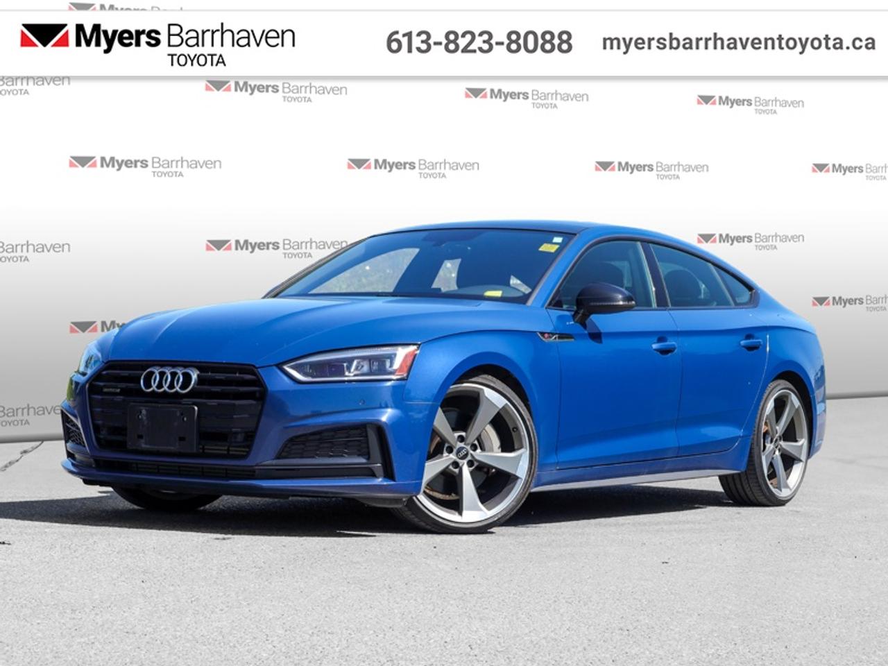 <b>Low Mileage, Sunroof,  Heated Steering Wheel,  Leather Seats,  Heated Seats,  Navigation!</b><br> <br>  Compare at $26934 - Our Live Market Price is just $25898! <br> <br>Style, comfort, and precision engineering come together in this fetching Audi A5. This 2019 Audi A5 Sportback is fresh on our lot in Ottawa.<br> <br>Spirited styling, dynamic handling, and intelligent technologies help define this Audi A5 Sportback. When you get behind the wheel of this sleek luxury car, youre putting your priorities on design and performance in motion. The exterior makes a bold, yet subtle statement while the premium interior makes sure you get where youre going in comfort. Its hatchback design adds a measure of practicality while retaining coupe-like styling. Experience a different kind of luxury with this Audi A5 Sportback.<br> <br>This low mileage hatchback has just 79,203 km. Its Ascari Blue Metallic in colour and is completely accident free based on the <a href=https://vhr.carfax.ca/?id=mDZyxpvi9TPfTR4Kfml/OaswpXpmMaBC target=_blank>CARFAX Report</a>. It has an Automatic transmission and is powered by a 248HP 2.0L 4 Cylinder Engine. It may have some remaining factory warranty, please check with dealer for details. <br> <br> Our A5 Sportbacks trim level is Progressiv 45 TFSI quattro. With even more luxurious amenities, this A5 Sportback Progressiv features updated front bucket seats with leather upholstery, heating and power-adjustability, an express open/close sunroof with slide and tilt functionality and a power sunshade, a heated leather-wrapped steering wheel, proximity keyless entry with push-button start, and a vivid 10.1-inch touchscreen bundled with Apple CarPlay, Android Auto, inbuilt navigation and SiriusXM streaming radio. On the road, driver and occupant safety is assured with blind spot detection, rear cross traffic alert, front and rear collision mitigation, emergency braking, seatbelt pre-tensioners, a comprehensive first-aid kit, and auto-leveling LED headlights with high beam assist and daytime running lights. Additional equipment include dual-zone climate control, mobile hotspot internet access, a power liftgate, and even more. This vehicle has been upgraded with the following features: Sunroof, Heated Steering Wheel, Leather Seats, Heated Seats, Navigation, Power Liftgate, Blind Spot Detection.<br> <br>To apply right now for financing use this link: <a href=https://www.myersbarrhaventoyota.ca/quick-approval/ target=_blank>https://www.myersbarrhaventoyota.ca/quick-approval/</a><br> <br/>Buy this vehicle now for the lowest bi-weekly payment of <b>$253.47</b> with $0 down for 60 months @ 9.99% APR O.A.C. ( Plus applicable taxes - Plus applicable fees ). See dealer for details. <br><br>At Myers Barrhaven Toyota we pride ourselves in offering highly desirable pre-owned vehicles. We truly hand pick all our vehicles to offer only the best vehicles to our customers. No two used cars are alike, this is why we have our trained Toyota technicians highly scrutinize all our trade ins and purchases to ensure we can put the Myers seal of approval. Every year we evaluate 1000s of vehicles and only 10-15% meet the Myers Barrhaven Toyota standards. At the end of the day we have mutual interest in selling only the best as we back all our pre-owned vehicles with the Myers *LIFETIME ENGINE TRANSMISSION warranty. Thats right *LIFETIME ENGINE TRANSMISSION warranty, were in this together! If we dont have what youre looking for not to worry, our experienced buyer can help you find the car of your dreams! Ever heard of getting top dollar for your trade but not really sure if you were? Here we leave nothing to chance, every trade-in we appraise goes up onto a live online auction and we get buyers coast to coast and in the USA trying to bid for your trade. This means we simultaneously expose your car to 1000s of buyers to get you top trade in value. <br>We service all makes and models in our new state of the art facility where you can enjoy the convenience of our on-site restaurant, shuttle van, free Wi-Fi, Enterprise Rent-A-Car, on-site tire storage, and complimentary drinks. Come see why many Toyota owners are making the switch to Myers Barrhaven Toyota. <br>*LIFETIME ENGINE TRANSMISSION WARRANTY NOT AVAILABLE FOR VEHICLES WITH KMS EXCEEDING 140,000KM, VEHICLES 8 YEARS & OLDER, HIGHLINE BRAND VEHICLES (e.g., BMW, INFINITI, CADILLAC, LEXUS), AND QUEBEC RESIDENTS.<br> Come by and check out our fleet of 80+ used cars and trucks and 30+ new cars and trucks for sale in Ottawa.  o~o