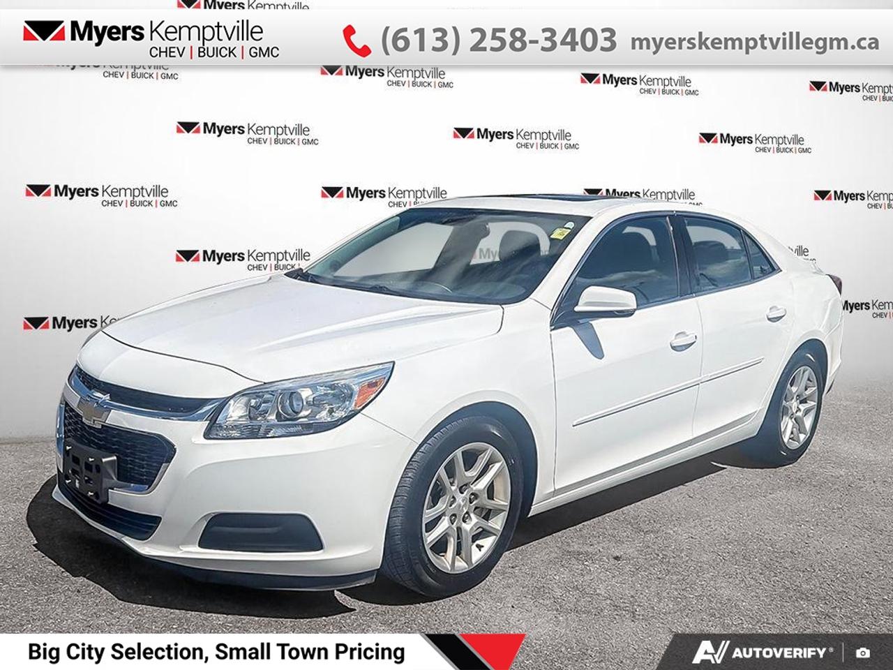 <b>Sunroof,  Remote Start,  SiriusXM,  Rear Camera,  Remote Keyless Entry!</b><br> <br> This 2015 Chevrolet Malibu is for sale today.<br> <br>The 2015 Chevrolet Malibu is a solid midsize sedan that offers a comfortable ride, a long list of standard features and available options, and impressive fuel savings. The Malibu has been a constant in the Chevrolet lineup for many years thanks to its solid foundation and value. If you are looking for a comfortable, well-appointed midsize sedan that is a great buy, the Malibu should be on the top of your list.<br> <br>This sedan has 99,792 km. Its nice in colour. It has an Automatic transmission and is powered by a 196HP 2.5L 4 Cylinder Engine. This vehicle has been upgraded with the following features: Sunroof, Remote Start, SiriusXM, Rear Camera, Remote Keyless Entry, Park Assist, Bluetooth.<br> <br>To apply right now for financing use this link: <a href=https://www.myerskemptvillegm.ca/finance/ target=_blank>https://www.myerskemptvillegm.ca/finance/</a><br> <br/>Buy this vehicle now for the lowest bi-weekly payment of <b>$77.68</b> with $0 down for 84 months @ 9.99% APR O.A.C. ( Plus applicable taxes - Plus applicable fees ). See dealer for details. <br><br>Myers deals with almost every major lender and can offer the most competitive financing options available. All of our premium used vehicles are fully detailed, subjected to a minimum 150 point inspection and are fully backed by the dealership and General Motors. <br><br>For more details on our Myers Exclusive Engine Transmission for life coverage, follow this link: <a href=https://www.myerskanatagm.ca/myers-engine-transmission-for-life/>Life Time Coverage</a>*LIFETIME ENGINE TRANSMISSION WARRANTY NOT AVAILABLE ON VEHICLES WITH KMS EXCEEDING 140,000KM, VEHICLES 8 YEARS & OLDER, OR HIGHLINE BRAND VEHICLE(eg. BMW, INFINITI. CADILLAC, LEXUS...) o~o