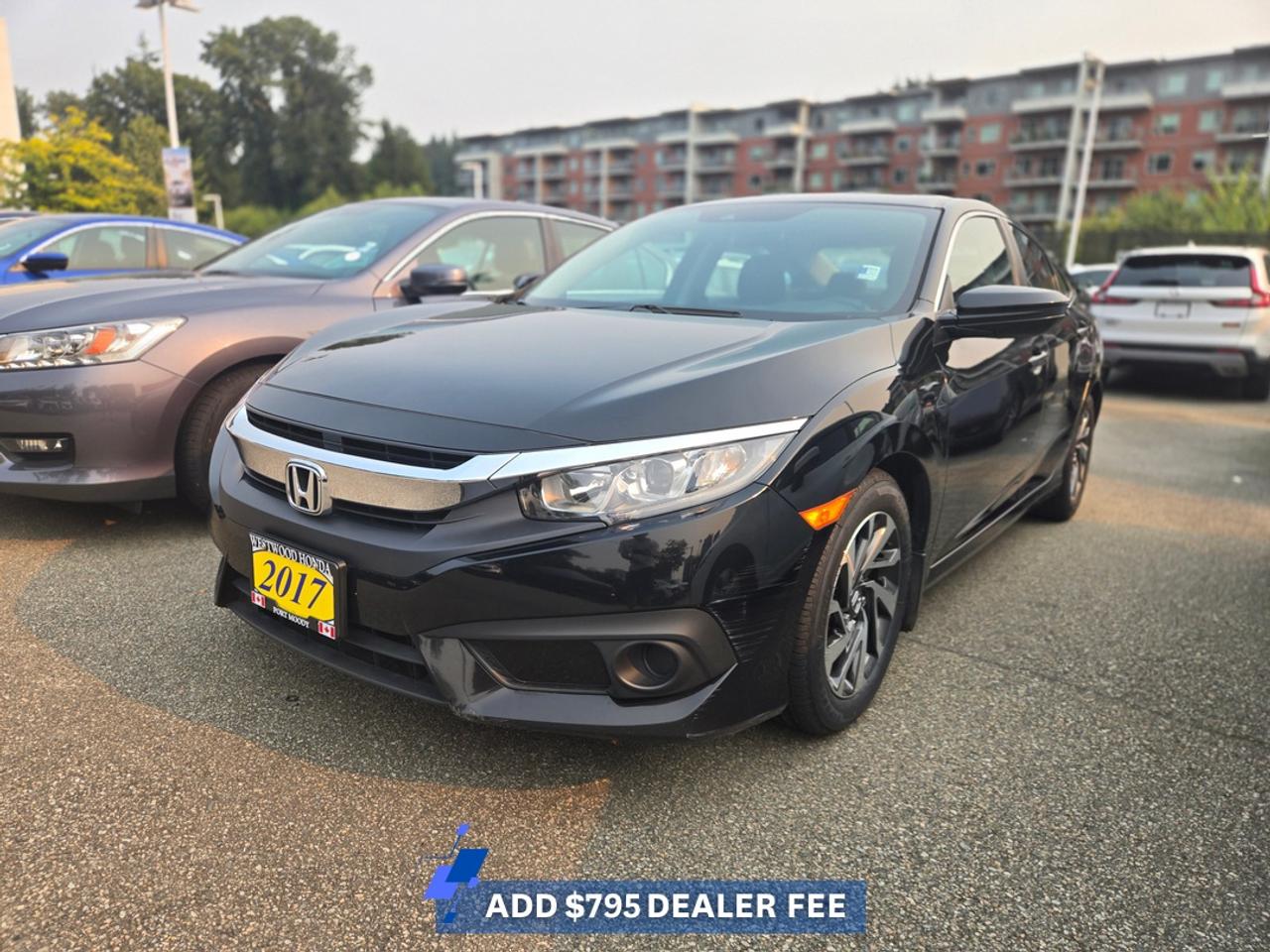 2017 Honda Civic EX Sedan with Everyday Comfort and Honda ReliabilityThe **2017 Honda Civic EX** continues to be one of Canadas most trusted compact sedans, offering impressive fuel efficiency, a comfortable ride, and the technology drivers want for everyday commuting. Whether youre travelling through Port Moody, Coquitlam, Burnaby, or heading into downtown Vancouver, the Civic EX delivers dependable performance with lasting value.### Key highlights include:* Power moonroof* Heated front seats* Apple CarPlay? and Android Auto?* 7-inch Display Audio touchscreen* Honda LaneWatch? blind spot display* Remote engine start* Smart Entry with push-button start* Dual-zone automatic climate control* 16-inch alloy wheels* Multi-angle rearview camera* Bluetooth? hands-free connectivityPowered by Hondas efficient 2.0L i-VTEC? engine paired with a smooth CVT, the Civic EX offers confident acceleration, excellent fuel economy, and a refined driving experience. The spacious interior, generous rear-seat room, and well-designed cabin make it an excellent choice for commuters, students, and small families alike.At Westwood Honda in Port Moody, every pre-owned vehicle includes our **BuySmart Program**, featuring a **Full CarProof vehicle history report**, **Mechanical inspection**, **2-month / 5,000 km powertrain warranty**, **6-month tire, brake, battery, and bulb coverage**, **Professional detailing**, **Full tank of gas**, and **Market-based no-haggle pricing**. If youre looking for a reliable sedan that combines comfort, efficiency, and proven Honda durability, this 2017 Civic EX is ready for your next drive across Metro Vancouver and beyond.**Book your test drive today.****Apply for financing online today.****Reserve this 2017 Honda Civic EX before its gone.**## FAQs**Q: Does the 2017 Honda Civic EX have Apple CarPlay and Android Auto?**A: Yes. The EX trim includes both Apple CarPlay? and Android Auto? through its touchscreen infotainment system.**Q: Does this Civic have a sunroof?**A: Yes. The EX trim comes equipped with a power moonroof for added comfort and fresh air.**Q: Is the 2017 Civic fuel efficient?**A: Yes. The 2.0L engine is known for delivering excellent fuel economy for both city and highway driving.**Q: Is the Civic a good choice for Metro Vancouver commuting?**A: Absolutely. Its compact size, comfortable cabin, and efficient performance make it ideal for daily commuting and weekend travel.**Q: Can I trade in my current vehicle?**A: Yes. Westwood Honda accepts trade-ins and offers competitive market-based appraisals.**Q: Are financing options available?**A: Yes. Westwood Honda provides financing solutions for customers throughout the Tri-Cities and Metro Vancouver to help make ownership simple.