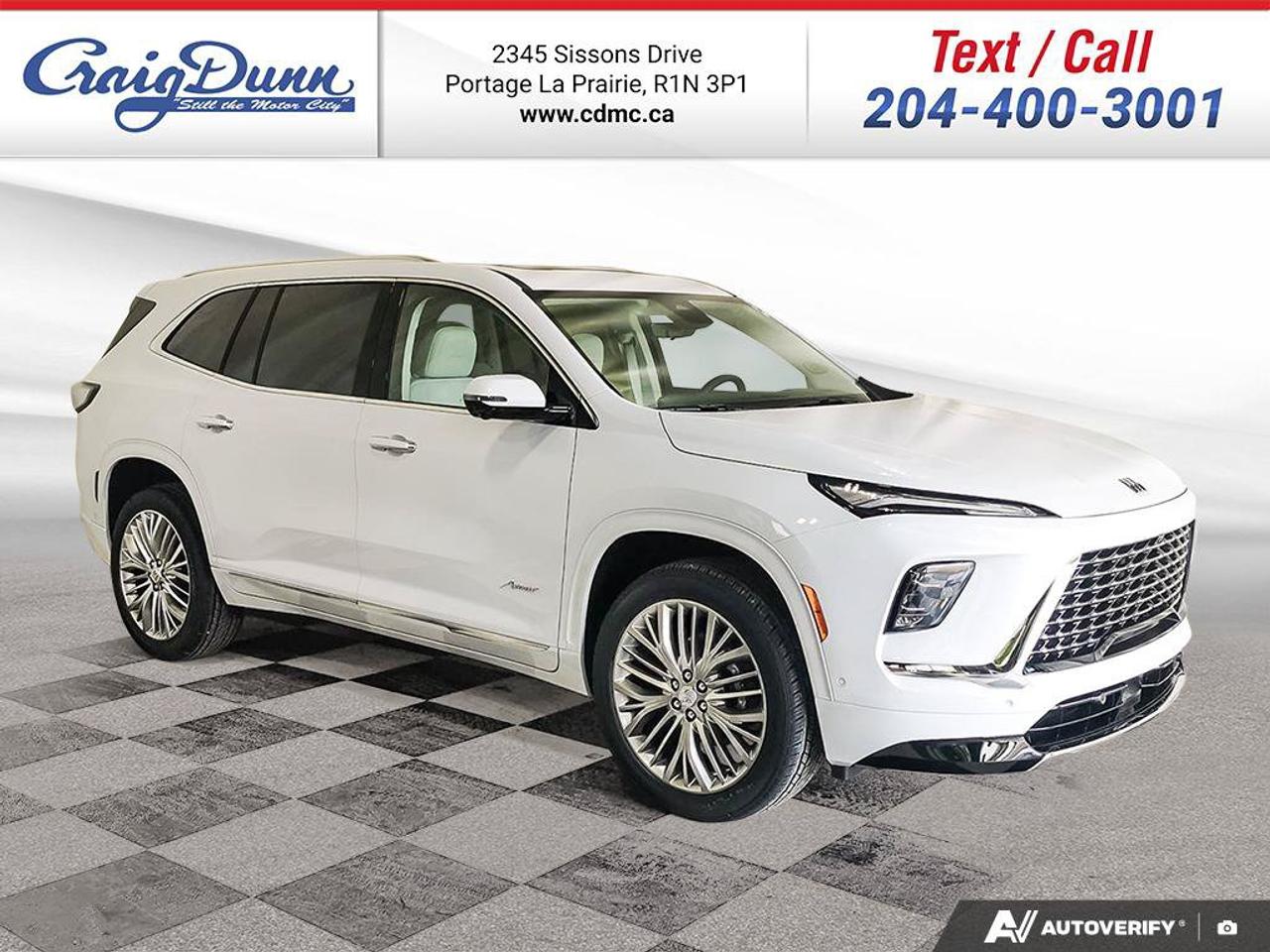 * SUPER CRUISE * HEAD UP DISPLAY * Vented & Heated Seats, Heated 2nd Row Seating, Heated Steering Wheel, Panoramic Sunroof, HD Surround Vision, Traffic Sign Recognition, Bose Premium Sound, Auto Park Assist, Blind Zone Steering Assist, Rear Cross Traffic Braking, Forward Collision, Following Distance Indicator, Hands Free Power Liftgate, 22 Aluminum Wheels, Apple CarPlay, Android Auto, Power Seats, 7 Passenger Seating, Seat Massage, Remote Start, Tri-Zone Automatic Climate Control, Rear Camera Washer, Hitch Guidance, 30 Ultra Wide Digital Display, Adaptive Cruise Control and the 2.5L Turbo Engine feature this 2027 Buick Enclave Avenir AWD.  MANITOBAS LOWEST INTERNET PRICE  Options Included in Vehicle Price:  - $700 Iridescent White Tricoat - $195 Engine Block Heater - $299 3 Years SiriusXM - $225 All-Weather Cargo Mat  Text us at 204-400-3001 for more info!  Price does not include GST or PST.  Dealer Permit #0559