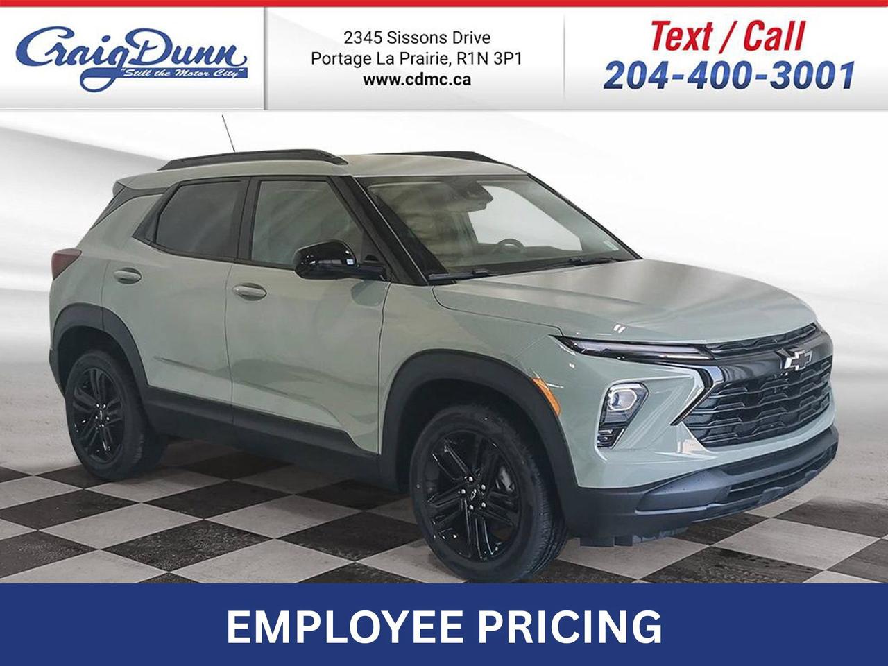 MANITOBAS LOWEST INTERNET PRICE  * FRONT PEDESTRIAN DETECTION * SIDE OBSTACLE DETECTION * Automatic Emergency Braking, Lane Keep Assist, Rear Cross Traffic Alert, Following Distance Indicator, Forward Collision Alert, Rear Park Assist, Heated Steering Wheel, Backup Camera, 18 Aluminum Wheels, Apple CarPlay, Android Auto, Automatic Climate Control, Heated Seats, Colour Touchscreen and the 1.3L Turbo Engine feature this 2026 Chevy Trailblazer LT AWD.  Options Included in Vehicle Price:  - $495 Cacti Green - $195 Engine Block Heater - $299 3 Years SiriusXM - $1095 Midnight Edition Package  Text us at 204-400-3001 for more info!  Price does not include GST or PST.  Dealer Permit #0559