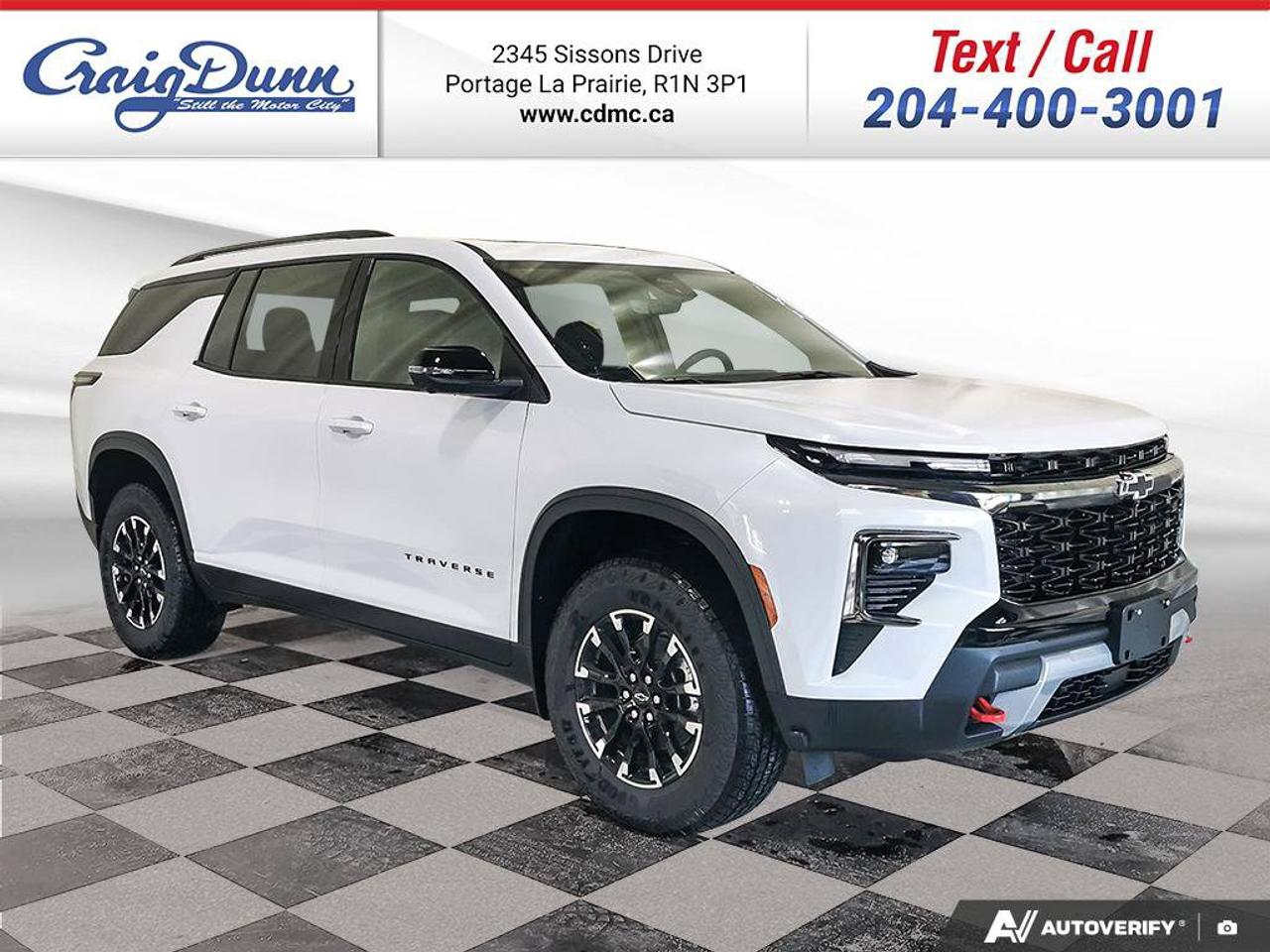 * HD SURROUND VISION * HANDS FREE POWER LIFTGATE * Power Seat, Remote Start, Tri-Zone Automatic Climate Control, Hitch Guidance, Rear Camera Mirror, Automatic Emergency Braking, Hitch Guidance, Heated Seats, Heated Steering Wheel, Adaptive Cruise Control, Wireless Charging, 18 Aluminum Wheels, Rear Park Assist, Forward Collision Alert, Following Distance Indicator, Rear Cross Traffic Braking, Side Obstacle Detection, Rear Pedestrian Alert, 7 Passenger Seating and the 2.5L Turbo Engine feature this 2026 Chevy Traverse Z71 AWD.  Options Included in Vehicle Price:  - $1795 Sunroof, Power, Dual Glass, Panoramic, Sliding, with Power Sunshade - $595 Polar White Tricoat - $195 Engine Block Heater - $805 Floor Liner Package - $270 Black Nameplate - $405 Moulded Splash Guards  MANITOBAS LOWEST INTERNET PRICE  Text us at 204-400-3001 for more info!  Price does not include GST or PST.  Dealer Permit #0559