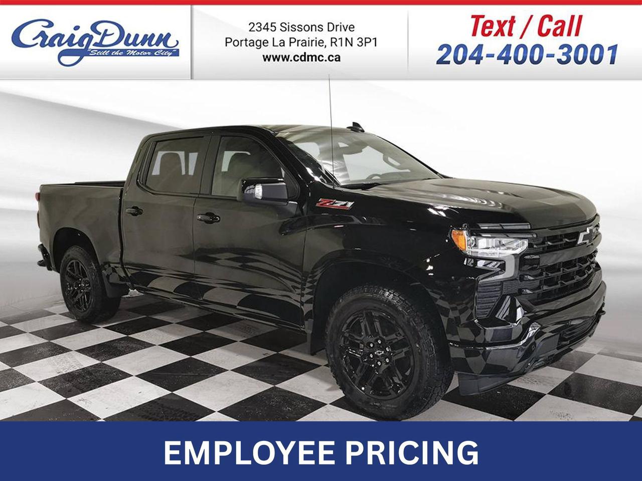 * ADAPTIVE CRUISE CONTROL * LEATHER * Surround Vision, Trailering Equipment, Z71 Off Road Suspension, Bose Premium Sound, Trailer Side Blind Zone Alert, Pedestrian Detection, Automatic Emergency Braking, Lane Keep Assist/Departure Warning, Forward Collision Alert, Following Distance Indicator, Front & Rear Park Assist, 20 Aluminum Wheels, EZ-Lift Tailgate, Hitch Guidance with Hitch View, Power Seat, Remote Start, Spray-on Bedliner, Dual-Zone Automatic Climate Control, Trailer Brake Controller, Wireless Charging, Dual Exhaust and the 5.3L V8 Engine feature this 2026 Chevy Silverado RST Crew Cab 4x4.  MANITOBAS LOWEST INTERNET PRICE  Options Included in Vehicle Price:  - $370 All-Weather Floor Liners, Z71 - $755 Front Bucket Seats - $1255 Leather Package with Up-Level Rear Seat Storage Package - $575 Adaptive Cruise Control - $195 Engine Block Heater - $2995 5.3L Ecotec3 V8 Engine - $1380 Convenience Package II - $780 Dark Essentials Package - $1275 Safety Package - $480 275/60R-20 All-Terrain Tires - $1265 20 Gloss Black Painted Aluminum Wheels - $805 Protection Package - $920 Z71 Off-Road Package  Text us at 204-400-3001 for more info!  Price does not include GST or PST.  Dealer Permit #0559