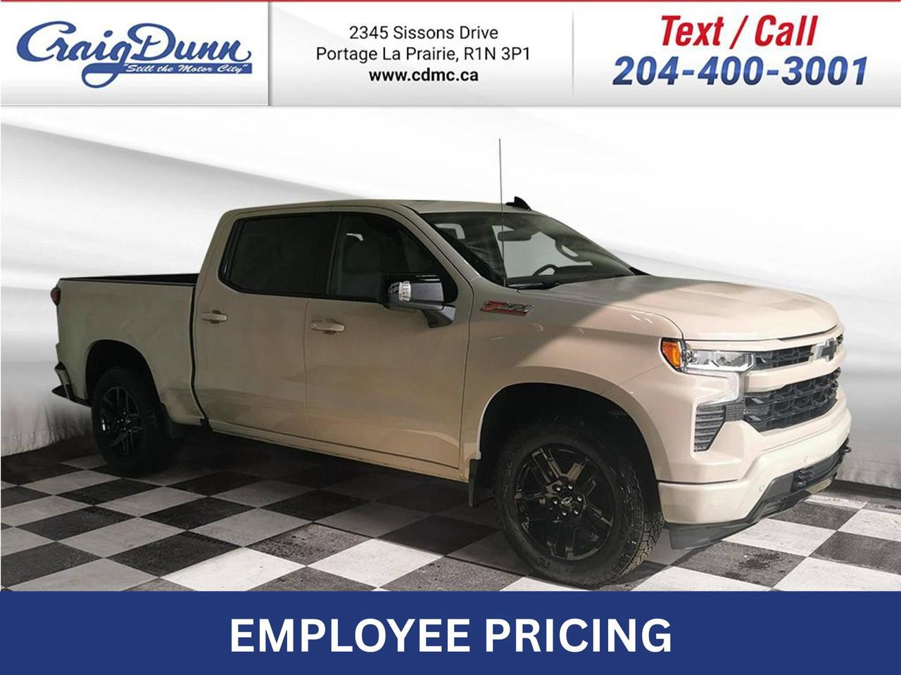 * BOSE PREMIUM SOUND * REMOTE START * Power Seat, Sunroof, Spray-on Bedliner, Leather, Dual-Zone Automatic Climate Control, Trailer Brake Controller, Wireless Charging, Adaptive Cruise Control, Dual Exhaust, Hitch Guidance with Hitch View, EZ Lift Tailgate, 20 Aluminum Wheels, Front & Rear Park Assist, Following Distance Indicator, Forward Collision Alert, Lane Keep Assist, Automatic Emergency Braking, Pedestrian Detection, Trailer Side Blind Zone Alert, Surround Vision, Trailering Equipment and the 5.3L V8 Engine feature this 2026 Chevy Silverado RST Crew Cab 4x4.  MANITOBAS LOWEST INTERNET PRICE  Options Included in Vehicle Price:  - $370 All-Weather Floor Liners, Z71 - $755 Front Bucket Seats - $1325 Power Sunroof - $1255 Leather Package with Up-Level Rear Seat Storage Package - $495 White Sands - $575 Adaptive Cruise Control - $195 Engine Block Heater - $2995 5.3L Ecotec3 V8 Engine - $1380 Convenience Package II - $780 Dark Essentials Package - $1275 Safety Package - $480 275/60R20 All-Terrain Tires - $1265 20 Gloss Black Painted Aluminum Wheels - $805 Protection Package - $920 Z71 Off-Road Package Text us at 204-400-3001 for more info!  Price does not include GST or PST.  Dealer Permit #0559