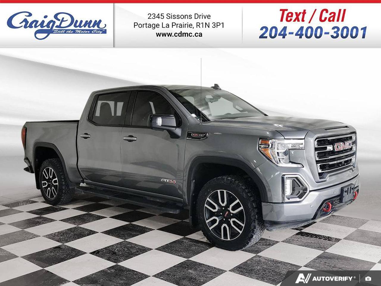 * Bought Here * Serviced Here * * 6.2L V8 ENGINE * HEAD UP DISPLAY * Navigation, Sunroof, Lane Change Alert, Lane Departure Warning, Lane Keep Assist, Side Blind-Zone Alert, Rear Cross-Traffic Alert, Forward Collision Warning, Remote Start, Spray-on Bedliner, Integrated Trailer Brake Controller, Multi-Pro Tailgate, Heated Front Seats, Cooled Front Seats, Heated Steering Wheel, Heated 2nd Row Seats, 8 Colour Touchscreen with Apple Carplay, Android Auto, Handsfree Bluetooth, Rear-Vision Camera, Wireless Charging, Memory Power Seat, Power Passenger Seat feature this 2020 GMC Sierra 1500 AT4 Crew Cab 4x4.  Text us at 204-400-3001 for more info!  Price does not include GST or PST.  We offer the most competitive finance rates through 13 banks and credit unions  This vehicle is also a Certified Pre-Owned Vehicle which includes: 150+ Point Inspection performed by a GM trained technician Minimum 3 month / 5,000 kms Used Vehicle Limited Warranty 24-hour Roadside Assistance 30 day / 2,500 km Exchange Privilege  Please read all ads carefully.