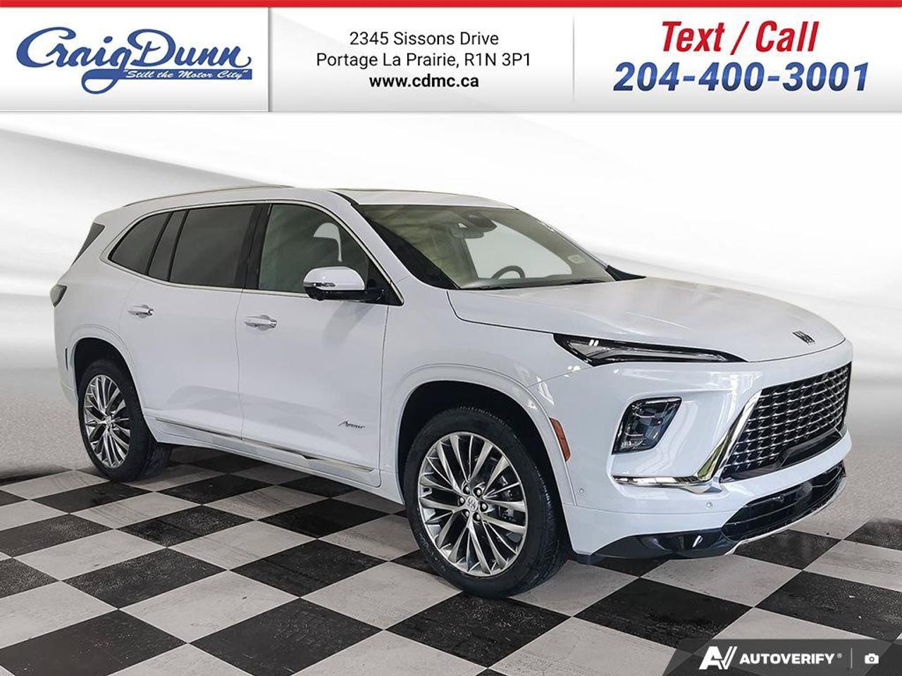 * 7 PASSENGER SEATING * PANORAMIC SUNROOF * Vented & Heated Seats, Heated 2nd Row Seating, Super Cruise, Power Seats, Remote Start, Tri-Zone Automatic Climate Control, Cross Traffic Assist, Hitch Guidance, Rear Camera Washer, Rear Camera Miror, Ultra Wide 30 Display, Heated Steering Wheel, Adaptive Cruise Control, Reverse Automatic Braking, Traffic Sign Recognition, Head Up Display, HD Surround Vision, Bose Premium Sound, Front & Rear Park Assist, Blind Zone Steering Assist, Automatic Emergency Braking, Rear Cross Traffic Braking, Forward Collision Alert, Following Distance Indicator, 22 Aluminum Wheels and the 2.5L Turbo Engine feature this 2026 Buick Enclave Avenir AWD.  MANITOBAS LOWEST INTERNET PRICE  Options Included in Vehicle Price:  - $700 Iridescent White Tricoat - $195 Engine Block Heater - $4595 Super Cruise Package  Text us at 204-400-3001 for more info!  Price does not include GST or PST.  Dealer Permit #0559