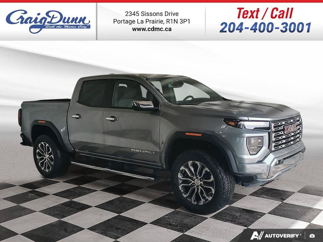 $0 Down. * REMOTE START * WIRELESS CHARGING * Power Seats, MultiStow Tailgate, Vented & Heated Seats, Leather, Spray-in Bedliner, Dual-Zone Automatic Climate Control, Assist Steps, Trailer Brake Controller, Heated Steering Wheel, Adaptive Cruise Control, 20 Aluminum Wheels, EZ-Lift & Lower Tailgate, 20 Aluminum Wheels, Rear Park Assist, Following Distance Indicator, Forward Collision Alert, Rear Cross Traffic Braking, Lane Keep Assist, Lane Departure Warning, Automatic Emergency Braking, Pedestrian Detection, Blind Zone Steering Assist with Trailering, Bose Premium Sound, HD Surround Vision, Head Up Display, 2 Factory Lift Kit, ProGrade Trailering and the 2.7L TurboMax Engine feature this 2026 GMC Canyon Denali 4x4.  MANITOBAS LOWEST INTERNET PRICE Options Included in Vehicle Price:  - $195 Engine Block Heater  Text us at 204-400-3001 for more info!  Price does not include GST or PST.  Dealer Permit #0559