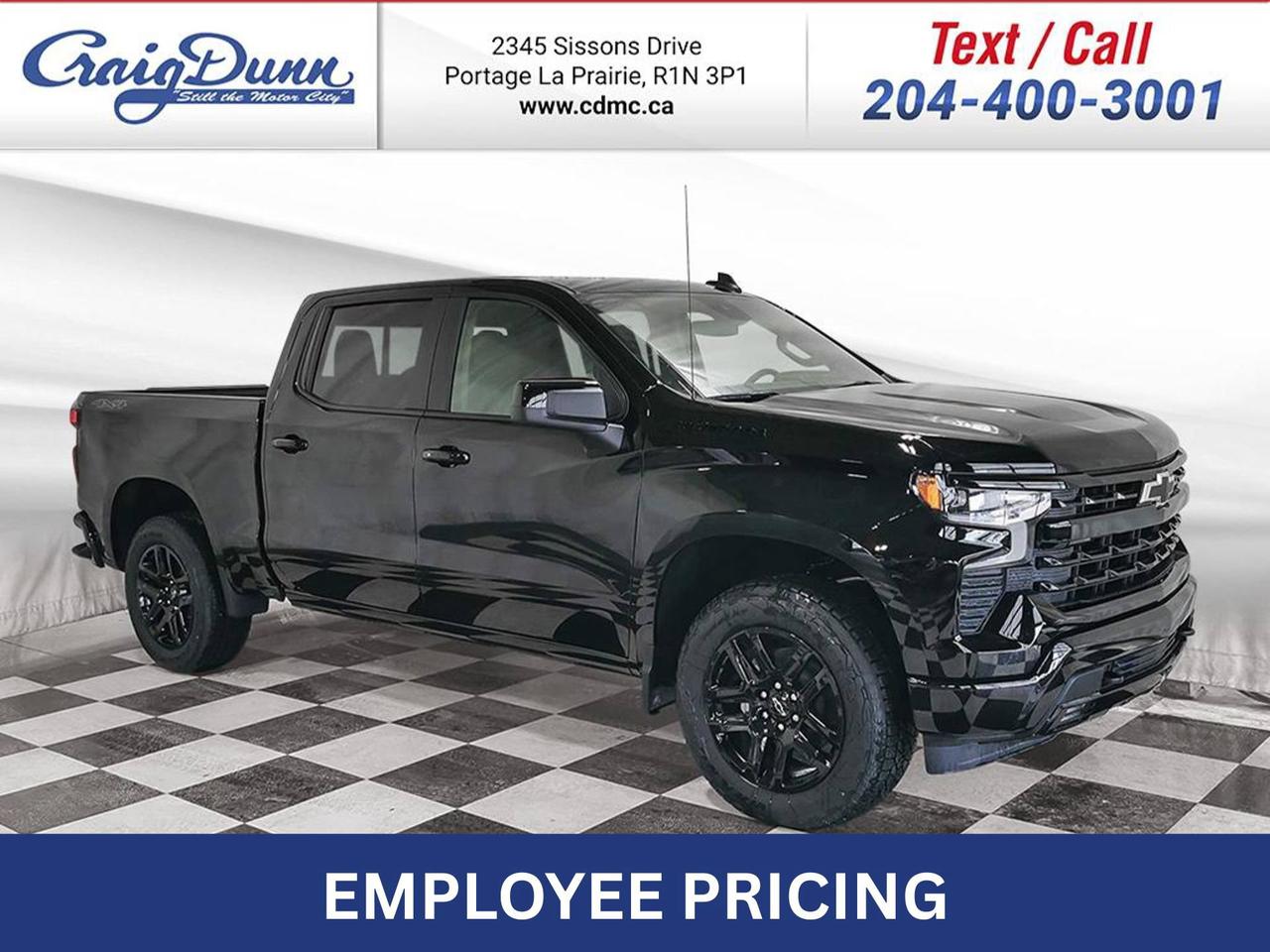 * WIRELESS CHARGING * BOSE PREMIUM SOUND * Power Seat, Remote Start, Sunroof, Spray-on Bedliner, Dual-Zone Automatic Climate Control, Integrated Trailer Brake Controller, Dual Exhaust, Hitch Guidance with Hitch View, EZ-Lift and Lower & Release, 20 Aluminum Wheels, Following Distance Indicator, Forward Collision Alert, Lane Keep Assist/Departure Warning, Automatic Emergency Braking, Front Pedestrian Braking and the 5.3L V8 Engine feature this 2026 Chevy Silverado 1500 RST Crew Cab 4x4.  Options Included in Vehicle Price:  - $755 Front Bucket Seats - $1325 Power Sunroof - $1845 Dark Appearance Package - $195 Engine Block Heater - $2995 5.3L Ecotec3 V8 Engine - $1380 Convenience Package II - $480 275/60R-20 All-Terrain Tires - $370 All-Weather Floor Liners - $805 Protection Package  MANITOBAS LOWEST INTERNET PRICE  Text us at 204-400-3001 for more info!  Price does not include GST or PST.  Dealer Permit #0559