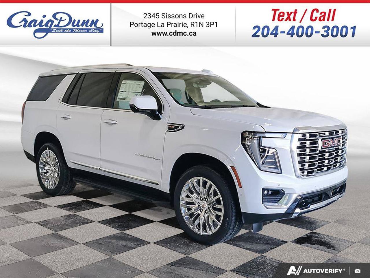 * SUPER CRUISE * HEAD UP DISPLAY * VENTED & HEATED SEATS * Power Seat, Remote Start, Assist Steps, Automatic Climate Control, Panoramic Sunroof, Cross Traffic Alert Braking, Rear Camera Mirror, Leather Seating, Integrated Trailer Brake Controller, Heated 2nd Row Seating, Adaptive Cruise Control, Dual Exhaust, Max Trailering Package, Hitch Guidance with Hitch View, 22 Aluminum Wheels, Hands Free Power Liftgate, Smart Trailer Indicator, Forward Collision Alert, Rear Cross Traffic Alert, Pedestrian Detection, Side Obstacle Detection, Surround Vision, Reverse Automatic Braking, Rear Seatback Media System, Magnetic Ride Control, ProGrade Trailering System and the 6.2L V8 Engine feature this 2026 GMC Yukon Denali 4x4.  Options Included in Vehicle Price:  - $7355 Advanced Technology Package - $1725 Sunroof, Power Panoramic, Dual Pane, Tilt-Sliding with Power Sunshade - $1195 Glacier White Tricoat - $195 Engine Block Heater - $1745 22 Polishe Aluminum Wheels  MANITOBAS LOWEST INTERNET PRICE  Text us at 204-400-3001 for more info!  Price does not include GST or PST.  Dealer Permit #0559