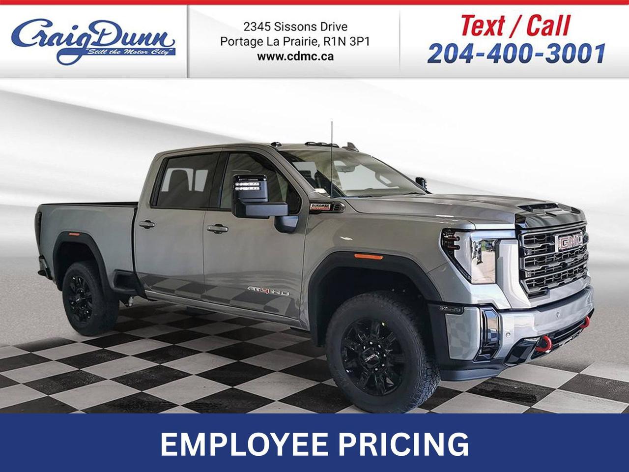 * VENTED & HEATED SEATS * HEATED 2ND ROW SEATING * Adaptive Cruise Control, Power Seat, Remote Start, Sunroof, Spray-on Bedliner, Automatic Climate Control, Rear Camera Mirror, Head Up Display, Integrated Trailer Brake Controller, Wireless Charging, Hitch Guidance with Hitch View, 20 Aluminum Wheels, MultiPro Tailgate, Front & Rear Park Assist, Following Distance Indicator, Smart Trailer Indicator, Forward Collision Alert, Automatic Emergency Braking, Front Pedestrian Braking, Trailer Side Blind Zone Alert, Surround Vision, Head Up Display, Assist Steps, Gooseneck/5th Wheel Prep Package and the 6.6L Duramax Turbo Diesel Engine feature this 2026 GMC Sierra 2500HD AT4 Crew Cab 4x4.  Options Included in Vehicle Price:  - $10995 Duramax 6.6L V8 Turbo Diesel - $4005 AT4 Premium Plus Package - $1070 Black Badging Package - $240 High Idle Switch - $630 Gooseneck/5th Wheel Prep Package  MANITOBAS LOWEST INTERNET PRICE  Text us at 204-400-3001 for more info!  Price does not include GST or PST.  Dealer Permit #0559