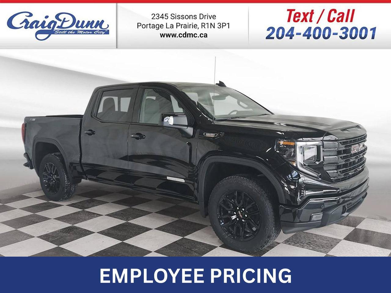 * REMOTE START * ADAPTIVE CRUISE CONTROL * Power Seat, Leather, Spray-on Bedliner, Dual-Zone Automatic Climate Control, Integrated Trailer Brake Controller, Wireless Charging, Dual Exhaust, Hitch Guidance with Hitch View, 20 Aluminum Wheels, Assist Steps, Trailer Camera Provisions, Front & Rear Park Assist, Following Distance Indicator, Forward Collision Alert, Lane Keep Assist/Departure Warning, Automatic Emergency Braking, Trailer Side Blind Zone Alert, Surround Vision, Off-Road Package and the 3.0L Turbo-Diesel Engine feature this 2026 GMC Sierra Elevation Edition Crew Cab 4x4.  MANITOBAS LOWEST INTERNET PRICE  Options Included in Vehicle Price:  - $755 Front Bucket Seats with Centre Console - $4055 Elevation Premium Package - $4190 Duramax 3.0L Turbo-Diesel - $2725 Elevation Black Package - $1545 X31 Off-Road Package  Text us at 204-400-3001 for more info!  Price does not include GST or PST.  Dealer Permit #0559