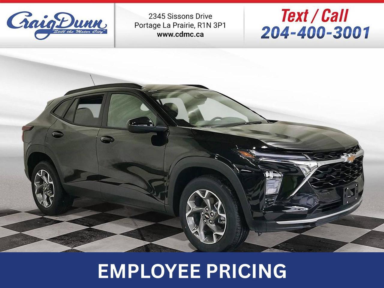 * APPLE CARPLAY * ANDROID AUTO * Bluetooth, Heated Seats, Colour Touchscreen, Remote Start, Rear Park Assist, Forward Collision Alert, Following Distance Indicator, Automatic Emergency Braking, Lane Keep Assist, Rear Cross Traffic Alert, Side Obstacle Detection, Front Pedestrian Detection, HD Backup Camera, Heated Steering Wheel and the 1.2L Turbo Engine feature this 2026 Chevy Trax LT FWD.  Options Included in Vehicle Price:  - $495 Mosaic Black Metallic - $195 Engine Block Heater  MANITOBAS LOWEST INTERNET PRICE  Text us at 204-400-3001 for more info!  Price does not include GST or PST.  Dealer Permit #0559