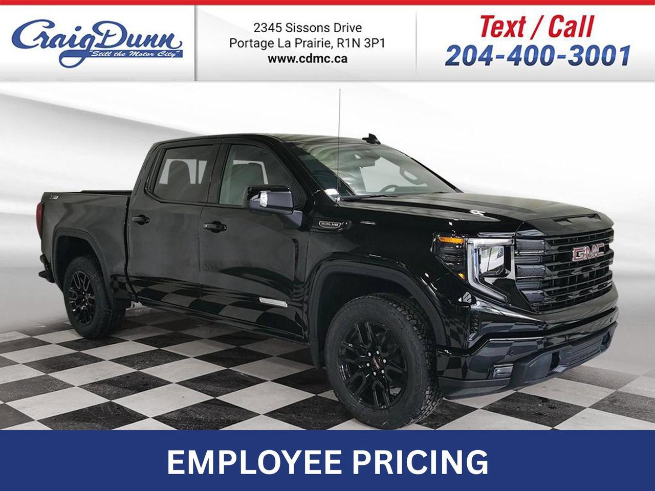 * REMOTE START * WIRELESS CHARGING * Power Seat, Spray-on Bedliner, Dual-Zone Automatic Climate Control, Integrated Trailer Brake Controller, Adaptive Cruise Control, Dual Exhaust, Hitch Guidance with Hitch View, 20 Aluminum Wheels, Assist Steps, Front & Rear Park Assist, Following Distance Indicator, Lane Keep Assist/Departure Warning, Automatic Emergency Braking, Front Pedestrian Braking, Trailer Side Blind Zone Alert, Off-Road Package and the 5.3L V8 Engine feature this 2026 GMC Sierra Elevation Crew Cab 4x4.  Options Included in Vehicle Price:  - $755 Front Bucket Seats with Centre Console - $4395 Elevation Premium Package - $195 Engine Block Heater - $2995 5.3L Ecotec3 V8 Engine - $1225 6 Assist Steps, Black - $435 Black GMC Emblems - $1545 X31 Off-Road Package  MANITOBAS LOWEST INTERNET PRICE  Text us at 204-400-3001 for more info!  Price does not include GST or PST.  Dealer Permit #0559