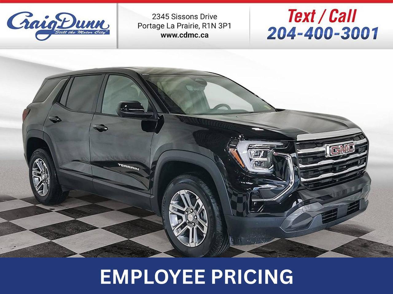 ADAPTIVE CRUISE CONTROL * 360 SURROUND VISION * Remote Start, Cross Traffic Assist, Bluetooth, 17 Aluminum Wheels, Rear Park Assist, Forward Collision Alert, Rear Cross Traffic Alert, Forward Collision Braking, Side Obstacle Detection, Rear Pedestrian Detection, Traffic Sign Recognition, Collision Avoidance and Mitigation adn the 1.5L 4 Cylinder Engine feature this 2026 GMC Terrain Elevation AWD.  Options Included in Vehicle Price:  - $1295 Technology Package II - $495 Ebony Twilight Metallic - $195 Engine Block Heater - $299 3 Years Sirius XM  MANITOBAS LOWEST INTERNET PRICE  Text us at 204-400-3001 for more info!  Price does not include GST or PST.  Dealer Permit #0559