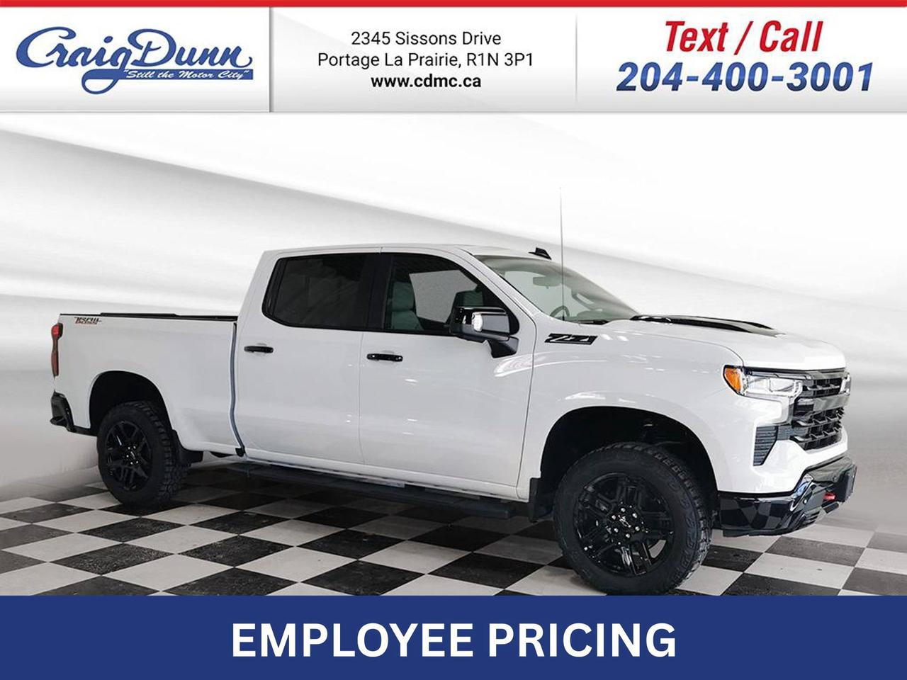 * LEATHER * SUNROOF * Dual Exhaust, Wireless Charging, Power Seat, Remote Start, Spray-on Bedliner, Dual-Zone Automatic Climate Control, Integrated Trailer Brake Controller, Hitch Guidance with Hitch View, 20 Aluminum Wheels, Front & Rear Park Assist, Following Distance Indicator, Forward Collision Alert, Lane Keep Assist, Lane Departure Warning, Automatic Emergency Braking, Front Pedestrian Braking, Trailer Side Blind Zone Alert, Bose Premium Sound, HD Surround Vision, Trailering Equipment and the 3.0L Turbo-Diesel Engine feature this 2026 Chevy Silverado 1500 LT Trail Boss Crew Cab 4x4.  Options Included in Vehicle Price:  - $755 Front Bucket Seats - $1325 Power Sunroof - $575 Adaptive Cruise Control - $4420 Duramax 3.0L Turbo-Diesel - $4395 LT Trail Boss Premium Package - $780 Dark Essentials Package - $345 Tires, LT265/60R-20 Goodyear Wrangler Territory MT  MANITOBAS LOWEST INTERNET PRICE  Text us at 204-400-3001 for more info!  Price does not include GST or PST.  Dealer Permit #0559