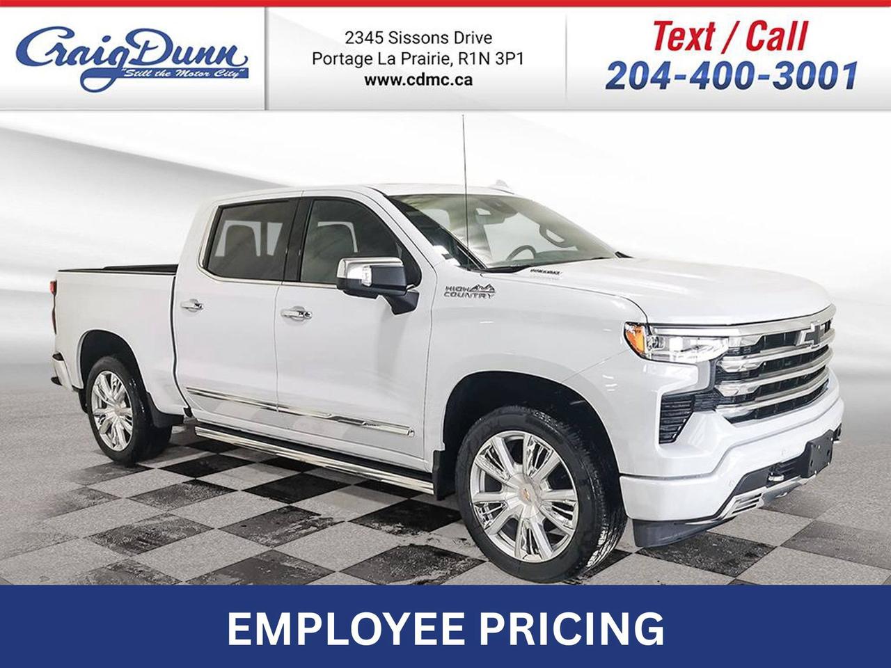 * SUNROOF * SUPERCRUISE * Power Seat, Power Assist Steps, Remote Start, Spray-on Bedliner, Dual-Zone Automatic Climate Control, Rear Camera Mirror, Leather Seating, Integrated Trailer Brake Controller, Wireless Charging, Vented & Heated Seats, Heated 2nd Row Seating, Adaptive Cruise Control, Hitch Guidance, 22 Aluminum Wheels, Front & Rear Park Assist, Following Distance Indicator, Forward Collision Alert, Automatic Emergency Braking, Pedestrian Detection, Trailer Side Blind Zone Alert, Bose Premium Sound, Surround Vision. Head Up Display, Bed View Camera, Adaptive Ride Control, Dual Exhaust and the 3.0L Turbo Diesel Engine feature this 2026 Chevy Silverado High Country Crew Cab 4x4.  Options Included in Vehicle Price:  - $1195 Polar White Tricoat - $1195 Duramax 3.0L Turbo-Diesel - $750 Dark Essentials Package - $8390 High Country Premium II Package - $125 Wheel Locks - $1080 Adaptive Ride Control  MANITOBAS LOWEST INTERNET PRICE  Text us at 204-400-3001 for more info!  Price does not include GST or PST.  Dealer Permit #0559