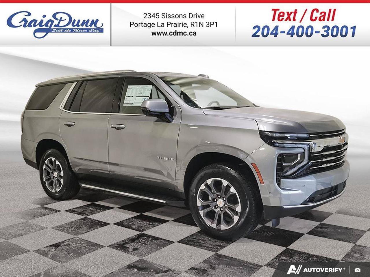 * POWER LIFTGATE * SURROUND VISION * Power Seat, Remote Start, Assist Steps, Automatic Climate Control, Rear Camera Mirror, Leather Seating, Adaptive Cruise Control, Heated Seats, Heated 2nd Row Seating, 20 Aluminum Wheels, Forward Collision Alert, Rear Cross Traffic Alert, Automatic Emergency Braking, Lane Keep Assist, Pedestrian Detection, Premium Sound System, Collision Avoidance & Mitigation, Trailering Equipment, Smooth Ride Suspension and the 5.3L V8 Engine feature this 2026 Chevy Tahoe LT 4x4.  Options Included in Vehicle Price:  - $430 Seats, Second Row Bucket, Power Release - $195 Engine Block Heater - $1265 20 Aluminum w/Charcoal Pockets, Wheels - $840 Dark Essentials Package - $2590 Comfort Package  MANITOBAS LOWEST INTERNET PRICE  Text us at 204-400-3001 for more info!  Price does not include GST or PST.  Dealer Permit #0559