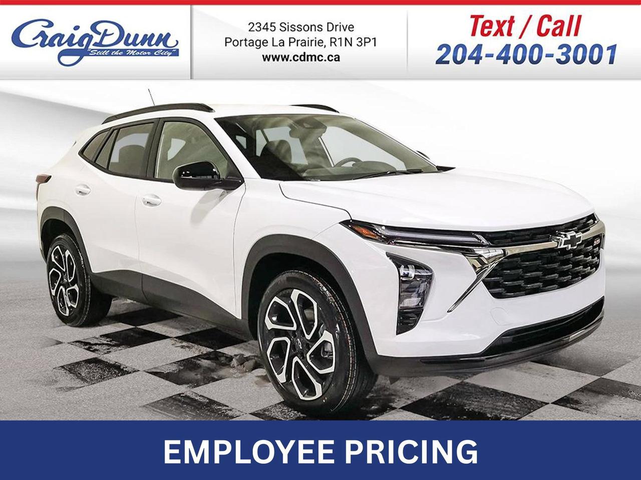 * COLOUR TOUCHSCREEN * HEATED SEATS * Heated Steering Wheel, Remote Start, Adaptive Cruise Control, Remote Start, Power Seat, Automatic Climate Control, Bluetooth, Wireless Apple CarPlay, Android Auto, 19 Aluminum Wheels, Rear Park Assist, Following Distance Indicator, Forward Collision Alert, Rear Cross Traffic Alert, Lane Keep Assist, Side Obstacle Detection, Front Pedestrian Detection, Backup Camera, Colour Touchscreen and the 1.2L Turbo Engine feature this 2026 Chevy Trax RS.  Options Included in Vehicle Price:  - $195 Engine Block Heater  MANITOBAS LOWEST INTERNET PRICE  Text us at 204-400-3001 for more info!  Price does not include GST or PST.  Dealer Permit #0559