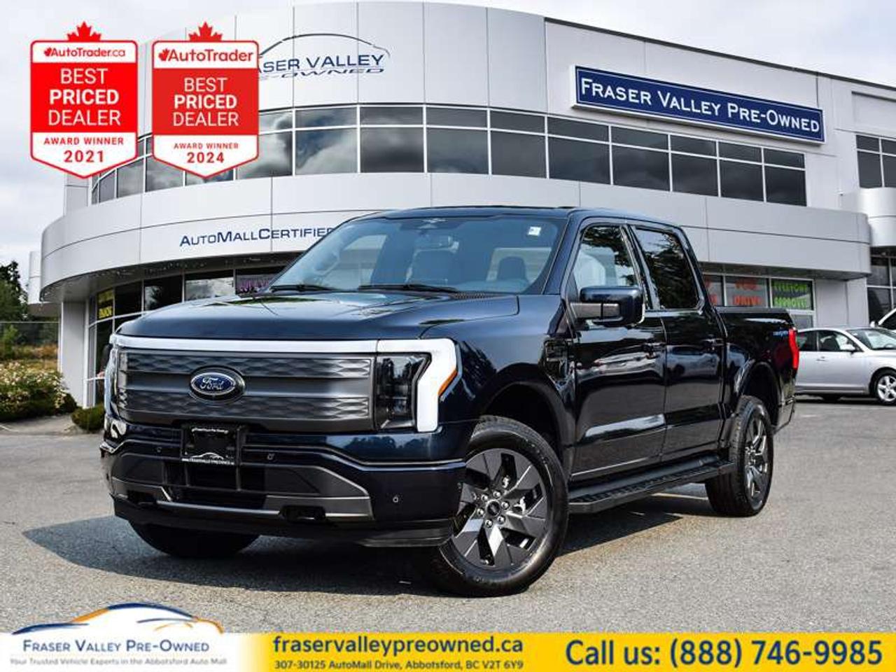 <b>Electric Vehicle, Heated Seats, Apple CarPlay, Android Auto, Navigation, Blind Spot Detection, Lane Keep Assist, Forward Collision Alert, 4G WiFi, Tow Package</b>
 
 This F-150 Lightning is expanding the definition of what a modern pickup truck can be. This 2023 Ford F-150 Lightning is for sale today in Abbotsford.
 
With an advanced all-electric powertrain, this F-150 Lightning continues the Ford Motors Legacy by producing a futuristic truck thats designed for the masses. More than just a concept, this F-150 Lightning proves that electric vehicles are more than just a gimmick, thanks to it impressive capability and massive network of electric charging station found throughout North America.
 
This crew cab 4X4 pickup has 62,125 km. Its nice in colour. It has a Single Speed transmission and is powered by a DUAL EMOTOR - EXTENDED RANGE BATTERY engine. 
 
 Our F-150 Lightnings trim level is PRO. Engineered to be a do-it-all EV, this F-150 Lightning Pro comes very well equipped with a luxurious interior that includes heated front seats and a heated steering wheel, power adjustable pedals, Fords SYNC 4 infotainment system complete with voice recognition, built-in navigation, Apple CarPlay, Android Auto, and SiriusXM radio. It also comes with extended running boards and enhanced lighting, super useful interior work surface, a class IV towing package, power locking tailgate, a large front trunk for extra storage, a proximity key, blind spot detection, lane keep assist, automatic emergency braking with pedestrian detection, accident evasion assist, and so much more!
 
To apply right now for financing use this link: <a href=https://www.fraservalleypreowned.ca/abbotsford-car-loan-application-british-columbia target=_blank>https://www.fraservalleypreowned.ca/abbotsford-car-loan-application-british-columbia</a>
 

| Our Quality Guarantee: We maintain the highest standard of quality that is required for a Pre-Owned Dealership to operate in an Auto Mall. We provide an independent 360-degree inspection report through licensed 3rd Party mechanic shops. Thus, our customers can rest assured each vehicle will be a reliable, and responsible purchase.  |  Purchase Disclaimer: Your selected vehicle may have a differing finance and cash prices. When viewing our vehicles on third party  marketplaces, please click over to our website to verify the correct price for the vehicle. The Sale Price on third party websites will always reflect the Finance Price of our vehicles. If you are making a Cash Purchase, please refer to our website for the Cash Price of the vehicle.  | All prices are subject to and do not include, a $995 Finance Fee, a $995 Document Fee, and a $499 GPS Lot Pack. VSA Security Fee of $10 is applicable as we are a Certified VSA Dealer (#40190).  These fees as well as taxes, are included in all listed listed payment quotes. Please speak with Dealer for full details and exact numbers.  o~o