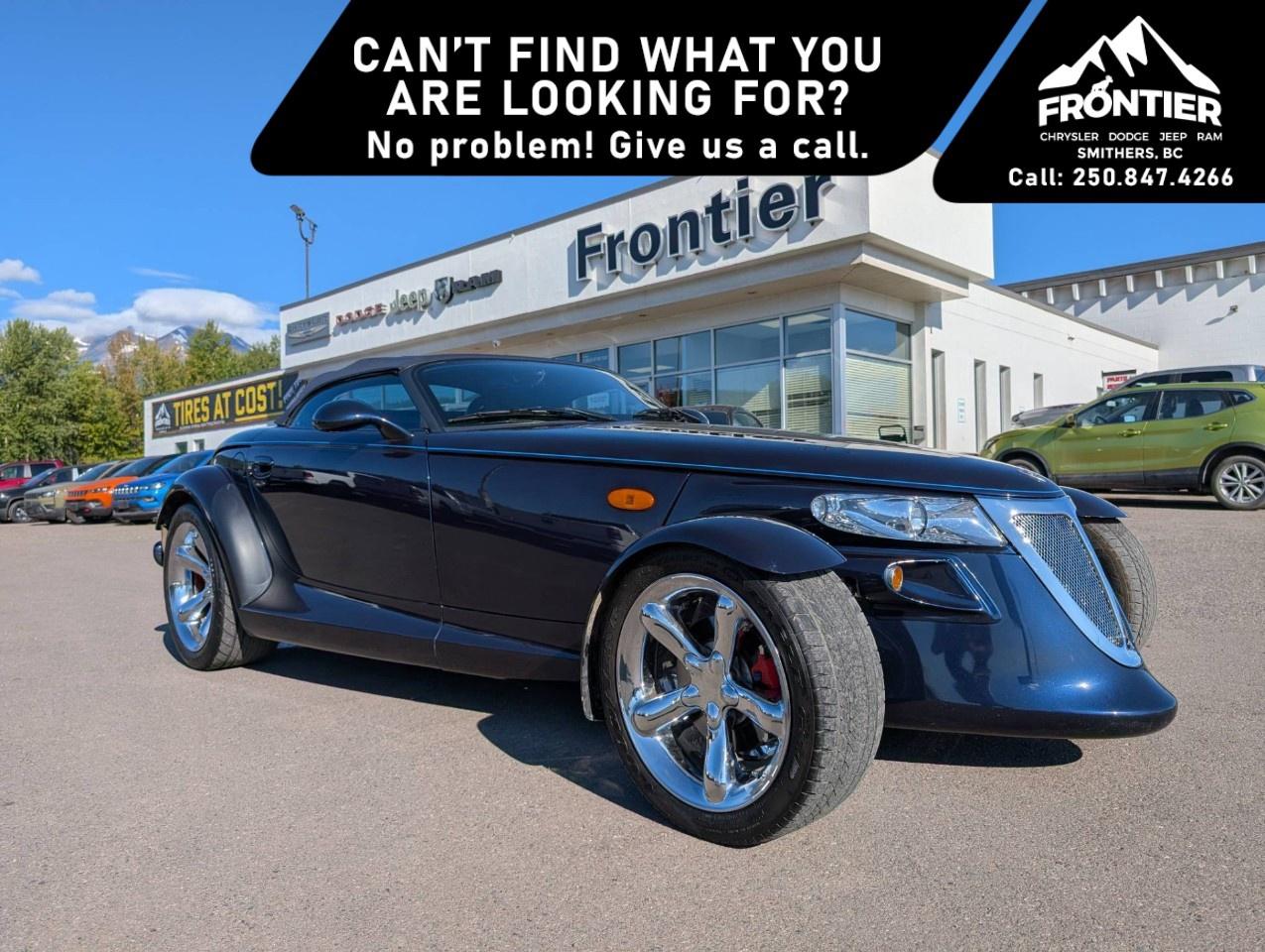 <p>The <strong>2001 Plymouth Prowler 2-Door Roadster</strong> in <strong>Blue</strong> is an unmistakable <strong>two-passenger rear-wheel-drive convertible</strong> that blends dramatic hot-rod-inspired styling with the character of one of the most distinctive production cars of its era. With its exposed front-wheel design, sweeping bodywork and low-slung roadster profile, the Prowler remains an instantly recognizable specialty vehicle for enthusiasts and collectors.</p><p>Power comes from the <strong>3.5L MPI SOHC 24-valve High Output V6 gasoline engine</strong>, paired with an <strong>automatic transmission</strong> and rear-wheel drive. This combination gives the lightweight roadster the performance-focused character that complements its bold appearance.</p><p>Inside, this Prowler features a <strong>Grey interior with leather seats</strong> and seating for two. Confirmed comfort and convenience equipment includes <strong>air conditioning, cruise control, keyless entry and power windows</strong>, providing useful everyday amenities within its uniquely styled cockpit.</p><p>The Plymouth Prowler is especially notable for its unconventional factory design. Rather than simply borrowing visual cues from classic American hot rods, Plymouth brought the concept to production with dramatic separate front fenders, prominent rear haunches and a purposefully retro-inspired shape. More than two decades later, that design still makes the Prowler stand apart and gives it strong appeal as an enthusiast-oriented modern classic.</p><p>For someone searching for a <strong>2001 Plymouth Prowler for sale in Canada</strong>, this two-seat convertible offers something genuinely different: distinctive styling, rear-wheel drive, V6 power and a memorable open-air driving experience wrapped in one of the most recognizable designs of its generation.</p><p>Please confirm all vehicle details and features with our sales team prior to purchase and start the buying process today at <strong>Frontier Chrysler Dodge Jeep Ram Ltd.</strong></p><p><strong>Final price does not include taxes, $995 administration fee, $10 VSA transaction levy, $398 finance placement fee (if applicable), and any dealer installed accessories.</strong></p>