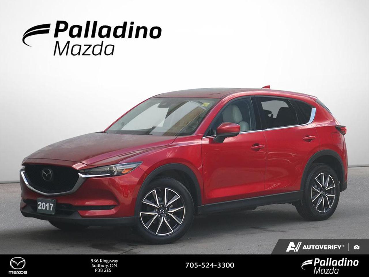 Finished in a vibrant red exterior, this used 2017 Mazda CX-5 GT brings together sharp design, confident all-wheel drive, and the refined feel drivers expect from a premium compact SUV. Offered by Palladino Mazda in Greater Sudbury, it has 73,283 km and a proven 2.5-litre SKYACTIV-G 4-cylinder engine.

The 2017 Mazda CX-5 GT stands out for its smooth 6-speed SKYACTIV-Drive automatic transmission, balanced handling, and upscale cabin layout. This SUV is well suited for Northern Ontario driving, with traction-enhancing all-wheel drive and the versatility families, commuters, and weekend travellers need every day.

FEATURES OF THE CX-5 GT

»» 2.5-litre SKYACTIV-G four-cylinder engine
»» i-ACTIV all-wheel drive capability
»» 6-speed automatic with sport mode
»» Premium compact SUV comfort and refinement

ADVANCED SAFETY FEATURES

»» All-wheel drive for added road grip
»» Anti-lock braking system for controlled stops
»» Stability control helps maintain vehicle balance
»» Advanced airbag system for occupant protection

PERFORMANCE AND EFFICIENCY

»» 2.5-litre engine delivers smooth strong power
»» 6-speed automatic supports responsive acceleration
»» Sport mode adds sharper driving feel
»» SKYACTIV engineering improves overall fuel efficiency

COMFORT AND CONVENIENCE

»» Spacious cabin designed for daily comfort
»» Four-door access makes entry very easy
»» Rear seating supports passengers with ease
»» Compact SUV height aids outward visibility

TECHNOLOGY AND CONNECTIVITY

»» Clear driver displays support quick information
»» Intuitive controls keep functions within reach
»» Automatic transmission simplifies city driving
»» Modern cabin design feels refined throughout

CARGO SPACE

»» Rear cargo area suits daily errands
»» Split-folding versatility expands carrying flexibility
»» Wide opening helps load larger items
»» Ideal space for gear and groceries

AWARDS & RECOGNITIONS

»» Top Safety Pick Plus, Insurance Institute for Highway Safety, 2017
»» Best New Small Utility Vehicle, Automobile Journalists Association of Canada, 2017

WHAT OTHER OWNERS LIKE

»» Confident all-wheel drive in poor weather
»» Responsive handling with smooth ride quality
»» Strong 2.5-litre engine everyday performance
»» Upscale interior feel for the class

This used 2017 Mazda CX-5 GT is a smart choice for drivers who want comfort, capability, and lasting value in one well-rounded SUV. Its proven engineering, athletic road manners, and practical interior make it easy to enjoy on busy weekdays and longer highway trips alike.

At Palladino Mazda in Greater Sudbury, this CX-5 offers the kind of versatility that fits many lifestyles. From winter roads to summer escapes, it delivers the confidence of all-wheel drive, the efficiency of SKYACTIV technology, and the quality that continues to make this model a favourite with Canadian drivers.

This 2017 Mazda CX-5 GTs VIN is: JM3KFBDL5H0184345 .

The advertised price is for financing only and applies exclusively to vehicles eligible for financing. Vehicles sold as-is are not eligible for financing and require full payment at purchase. All cash purchases of finance-eligible vehicles will be subject to an additional $2,501.00. This advertised price also does not include taxes and licensing fees. For as-is vehicles: the motor vehicle sold under this contract is being sold as-is and is not represented as being in road worthy condition, mechanically sound or maintained at any guaranteed level of quality.<p> and the refined feel drivers expect from a premium compact SUV. Offered by Palladino Mazda in Greater Sudbury</p>
<p>283 km and a proven 2.5-litre SKYACTIV-G 4-cylinder engine.

The 2017 Mazda CX-5 GT stands out for its smooth 6-speed SKYACTIV-Drive automatic transmission</p>
<p> and weekend travellers need every day.

FEATURES OF THE CX-5 GT

»» 2.5-litre SKYACTIV-G four-cylinder engine
»» i-ACTIV all-wheel drive capability
»» 6-speed automatic with sport mode
»» Premium compact SUV comfort and refinement

ADVANCED SAFETY FEATURES

»» All-wheel drive for added road grip
»» Anti-lock braking system for controlled stops
»» Stability control helps maintain vehicle balance
»» Advanced airbag system for occupant protection

PERFORMANCE AND EFFICIENCY

»» 2.5-litre engine delivers smooth strong power
»» 6-speed automatic supports responsive acceleration
»» Sport mode adds sharper driving feel
»» SKYACTIV engineering improves overall fuel efficiency

COMFORT AND CONVENIENCE

»» Spacious cabin designed for daily comfort
»» Four-door access makes entry very easy
»» Rear seating supports passengers with ease
»» Compact SUV height aids outward visibility

TECHNOLOGY AND CONNECTIVITY

»» Clear driver displays support quick information
»» Intuitive controls keep functions within reach
»» Automatic transmission simplifies city driving
»» Modern cabin design feels refined throughout

CARGO SPACE

»» Rear cargo area suits daily errands
»» Split-folding versatility expands carrying flexibility
»» Wide opening helps load larger items
»» Ideal space for gear and groceries

AWARDS & RECOGNITIONS

»» Top Safety Pick Plus</p>
<p> 2017

WHAT OTHER OWNERS LIKE

»» Confident all-wheel drive in poor weather
»» Responsive handling with smooth ride quality
»» Strong 2.5-litre engine everyday performance
»» Upscale interior feel for the class

This used 2017 Mazda CX-5 GT is a smart choice for drivers who want comfort</p>
<p> and practical interior make it easy to enjoy on busy weekdays and longer highway trips alike.

At Palladino Mazda in Greater Sudbury</p>
<p> this CX-5 offers the kind of versatility that fits many lifestyles. From winter roads to summer escapes</p>
<p> and the quality that continues to make this model a favourite with Canadian drivers.

This 2017 Mazda CX-5 GTs VIN is: JM3KFBDL5H0184345 .

The advertised price is for financing only and applies exclusively to vehicles eligible for financing. Vehicles sold as-is are not eligible for financing and require full payment at purchase. All cash purchases of finance-eligible vehicles will be subject to an additional $2</p>
<p>501.00. This advertised price also does not include taxes and licensing fees. For as-is vehicles: the motor vehicle sold under this contract is being sold as-is and is not represented as being in road worthy condition</p>