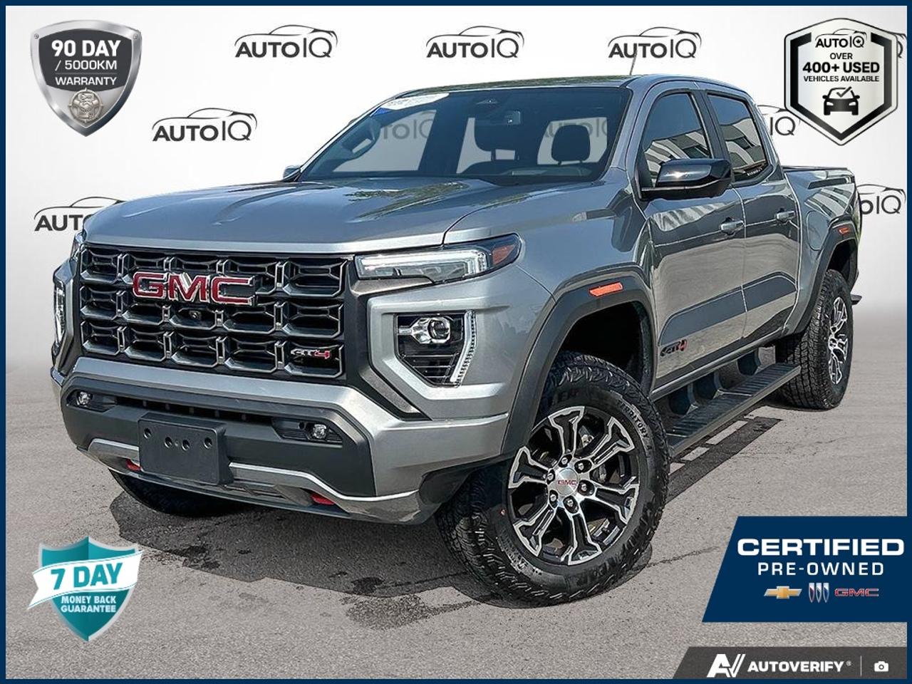 Recent Arrival!<br>CARFAX Canada No Reported Accidents CARFAX Canada One Owner<br>GM CERTIFIED PREOWNED VEHICLE<br>One Owner, | No Accidents, | Apple CarPlay/Android Auto, | Non-Smoker, LOCAL TRADE, 4WD, 120-Volt Bed Mounted Power Outlet, 1st & 2nd Rows All-Weather Floor Liner (LPO), 2 1st Row USB Charge/Data Ports, 2 Rear USB Ports in Centre Console (Charge-Only), 3.42 Rear Axle Ratio, 4-Way Manual Front Passenger Seat Adjuster, 6-Speaker Audio System Feature, 6-Way Power Passenger Seat Adjuster, 8-Way Power Driver Seat Adjuster, Adaptive Cruise Control, Alloy wheels, AM/FM radio: SiriusXM with 360L, Apple CarPlay/Android Auto, AT4 Premium Package, Auto High-beam Headlights, Auto-dimming Rear-View mirror, Automatic Emergency Braking, Automatic Stop/Start, Black Assist Step (LPO), Black Badges (LPO), Blind Zone Steering Assist w/Trailering, Bumpers: body-colour, Canyon Pro Safety, Canyon Safety Plus Package, Cloth/CoreTec Seat Trim, Delay-off headlights, Driver & Front Passenger Ventilated Seats, Driver Memory, Driver Seatback Map Pocket, Driver/Passenger Illuminated Sliding Vanity Mirrors, Dual front impact airbags, Dual front side impact airbags, Dual-Zone Auto Climate Control Air Conditioning, Emergency communication system: OnStar, EZ-Lift & Lower Tailgate, Following Distance Indicator, Forward Collision Alert, Front anti-roll bar, Front Bucket Seats, Front dual zone A/C, Front fog lights, Front LED Fog Lamps, Front Pedestrian & Bicyclist Braking, Front wheel independent suspension, HD Surround Vision, Heated door mirrors, Heated Driver & Front Passenger Seats, Heated Steering Wheel, Inside Rear-View Auto-Dimming Mirror, Integrated Trailer Brake Controller, IntelliBeam Automatic High Beam On/Off, Interior Overhead Courtesy Light w/Dual Reading Lamp, Laminated Windshield Acoustic Glass, Lane Keep Assist w/Lane Departure Warning, Low tire pressure warning, Multicolour 6.3 Diagonal Head-Up Display, MultiStow Tailgate Storage Compartment, Navigation System, Occupant sensing airbag, Off-Road Suspension, Overhead airbag, Panic alarm, Perforated Leather-Appointed Seat Trim, Power Driver Lumbar Control Seat Adjuster, Power Inner Sliding Glass Sunroof w/Manual Shade, Power Passenger Lumbar Control Seat Adjuster, Preferred Equipment Group 4SG, Premium 7-Speaker Bose Sound System, Premium audio system: Premium GMC Infotainment System, Radio data system, Radio: 11.3 Diagonal Premium GMC Infotainment Sys, Rear Centre Fold-Down Armrest w/2 Cupholders, Rear Cross Traffic Braking, Rear of Console 120-Volt Power Outlet, Rear Pedestrian Alert, Rear step bumper, Remote keyless entry, Remote Vehicle Starter System, Security system, SiriusXM w/360L, Speed-sensing steering, Split folding rear seat, Stop/Start System Disable Button Engine Control, Tailgate Keyed Cylinder Lock, Technology Plus Package, Tilt & Telescopic Manual Steering Column, Trailering App System, Trailering Package, Ultrasonic Rear Park Assist, Variably intermittent wipers, Wheels: 18 x 8.5 Dark Grey Machined Finish Alum, Wireless Apple CarPlay/Wireless Android Auto, Wireless Phone Charging.<br><br>Sterling Metallic AT4<br>ADAPTIVE CRUISE CONTROL | AT4 PREMIUM PKG | TRAILERING PKG | POWER SUNROOF | BLIND SPOT MONITOR | LANE KEEP ASSIST AND MORE 2025 GMC Canyon AT4  2.7L I4 Turbocharged DOHC 16V LEV3-SULEV30 310hp<br>8-Speed Automatic<br>4WD<p></p>

<p>GM CERTIFIED PRE-OWNED</p>

<p><strong>Special Financing Available:</strong> Take advantage of exclusive low finance rates OAC*, significantly lower than standard pre-owned rates!</p>

<p>Backed by GM Certified Pre-Owned standards, which include a thorough inspection and reconditioning process by factory-trained technicians. Plus, this vehicle includes our exclusive <strong>AutoIQ Platinum Standard</strong></p>

<p><strong>GM Certified Pre-Owned Benefits Include:</strong><br />
- 150+ Point inspection by GM factory-trained technicians<br />
- 3-month / 5,000-kilometre Limited Warranty*<br />
- 24-hour Roadside Assistance<br />
- 1-month OnStar Trial<br />
- SiriusXM Trial</p>

<p><strong>AutoIQ Platinum Standard:</strong><br />
- 36-point Provincial Safety Inspection<br />
- Warranty: 90-days or 5,000 KM on inspected mechanical items, factory extended options eligible for warranty up to 200,000 KM<br />
- 3X Provincial safety standard for tire tread depth<br />
- 3X Provincial safety standard for brake pad thickness<br />
- 7 Day Money Back Guarantee***<br />
- Market Value Report provided<br />
- Guaranteed 2 keys/key fobs and door code (if equipped)<br />
- Equipped vehicles include a complimentary 3 month Sirius satellite radio subscription!<br />
- Complimentary full interior detailing and carpet shampoo<br />
- Paintless dent repair and/or touch-ups for applicable body panels<br />
- Vehicle scanned for open recall notifications from manufacturer</p>

<p>SPECIAL NOTE: This vehicle is reserved for AutoIQs retail customers only. Please, no dealer calls. Errors & omissions excepted.</p>

<p>*O.A.C. Limited Warranty coverage of 3 months or 5000km, whichever comes first. Limitations apply. See dealer for details. **As-traded, specialty or high-performance vehicles are excluded from the 7-Day Money Back Guarantee Program (including, but not limited to Ford Shelby, Ford Mustang GT, Ford Raptor, Chevrolet Corvette, Camaro 2SS, Camaro ZL1, V-Series Cadillac, Dodge/Jeep SRT, Hyundai N Line, all electric models)</p>