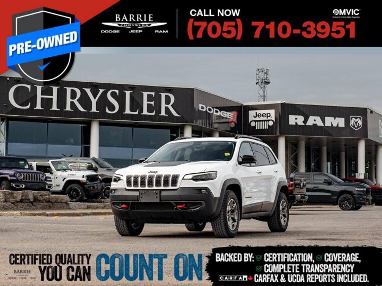 Powerful 3.2L V6 engine with 4x4 capability - Advanced safety with reverse park assist - Stay connected with satellite radio - Power Locks - Trip ComputerDiscover the 2022 Jeep Cherokee Trailhawk, a previously owned SUV that combines rugged capability with modern comfort. Available now at Barrie Chrysler Dodge Jeep Ram, this 4x4 Cherokee is designed for those who crave adventure without sacrificing everyday practicality. Its striking white exterior and bold design make it a standout choice for drivers who appreciate both style and substance.Under the hood, the Cherokee Trailhawk is powered by a robust 3.2L V6 engine paired with an automatic transmission, delivering a smooth and responsive driving experience. The 4x4 drivetrain ensures confident handling and traction across a variety of terrains, making it an ideal companion for both urban commutes and off-road escapades. With its gas-powered engine, you can expect reliable performance and efficiency on every journey.Step inside the Cherokee Trailhawk and experience a cabin designed for comfort and connectivity. The interior features cloth seating with power adjustments for personalized comfort, while the leather-wrapped steering wheel adds a touch of luxury. Stay connected with the AM/FM stereo and satellite radio, all easily controlled via steering wheel audio controls. The climate control system ensures a pleasant environment, no matter the weather outside.Safety is paramount in the Cherokee Trailhawk, equipped with a suite of driver assistance technologies. Features like reverse park assist and parking sensors enhance your confidence in tight spaces, while traction control and stability control provide peace of mind on the road. The inclusion of child-safety locks and a comprehensive airbag system further underscores its commitment to passenger safety.The 2022 Jeep Cherokee Trailhawk embodies a perfect blend of versatility and rugged charm, appealing to those who seek adventure without compromising on comfort and safety. Whether navigating city streets or exploring the great outdoors, this SUV is ready to elevate your driving experience.SpecificationsEngine: 3.2L V6Transmission: AutomaticDrive: 4x4Infotainment: Satellite RadioSafety: Reverse Park Assist