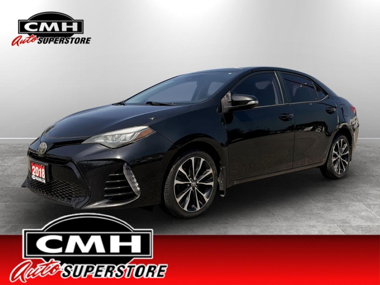 <b>Heated Seats, Rear View Camera, Bluetooth, Air Conditioning, Adaptive Cruise Control, Collision Warning, Remote Keyless Entry</b><br> <br> <br>CMH certifies that all vehicles meet DOUBLE the Ministry standards for Brakes and Tires. The advertised price is the promotional financing price. For all other methods of payment, the selling price is $500 higher.<br><br> <br>This 2018 Toyota Corolla is for sale today.<br> <br>Eleven generations make the Corolla a brand that is know for its quality and reliability. This 2018 Toyota Corolla with its sharp styling and powerful 4 cylinder engine is a great value considering it will keep rolling for miles and miles without letting you down. Loaded with premium safety features, this compact sedan is definitely a right choice for a small yet comfortable family car.<br> <br>This sedan has 173,133 km. Its Black Sand Pearl in colour. It has an Automatic transmission and is powered by a 132HP 1.8L 4 Cylinder Engine. <br> <br> Our Corollas trim level is SE. Upgrading from the previous model the 2018 Toyota Corolla SE retains manufacturer quality and reliability at the highest level. Options include 6.1 inch display, 6 speaker stereo,USB and Bluetooth capability, voice activation technology, power windows front and rear, power door locks, piano black interior accents, heated sport front seats, automatic air conditioning, rear view back up camera, 4.2 inch TFT informational display, SIRI eyes free, ECO indicator, remote keyless entry, illuminated entry, dynamic radar cruise control, remote trunk release, engine immobilizer, windshield wiper de-icer, lane departure alert, pre collision system with pedestrian detection, power adjustable heated mirrors with turn signal indicators, LED reverse lights and more.<br> <br>To apply right now for financing use this link: <a href=https://www.cmhniagara.com/financing/ target=_blank>https://www.cmhniagara.com/financing/</a><br> <br/><br>**PLEASE NOTE:** The functionality and condition of any accessories and aftermarket parts are not guaranteed by CMH Auto Superstore. Examples of such items include, but are not limited to: tonneau covers, radios, cameras, remote starts, vent visors, roof racks, winches, light bars, headlights/tail lights, center caps, running boards, etc. If an aftermarket part is safety-related and found to be defective, it will be replaced by a factory option.<br><b>**CMH Auto Superstore reserves the right to choose to repair, modify, or replace all aftermarket parts (example  headlights) or accessories at its sole discretion.**</b><br><br>Trade-ins are welcome! Financing available OAC ! Price INCLUDES a valid safety certificate! Price INCLUDES a 60-day limited warranty on all vehicles except classic or vintage cars. CMH is a Full Disclosure dealer with no hidden fees. We are a family-owned and operated business for over 30 years! o~o