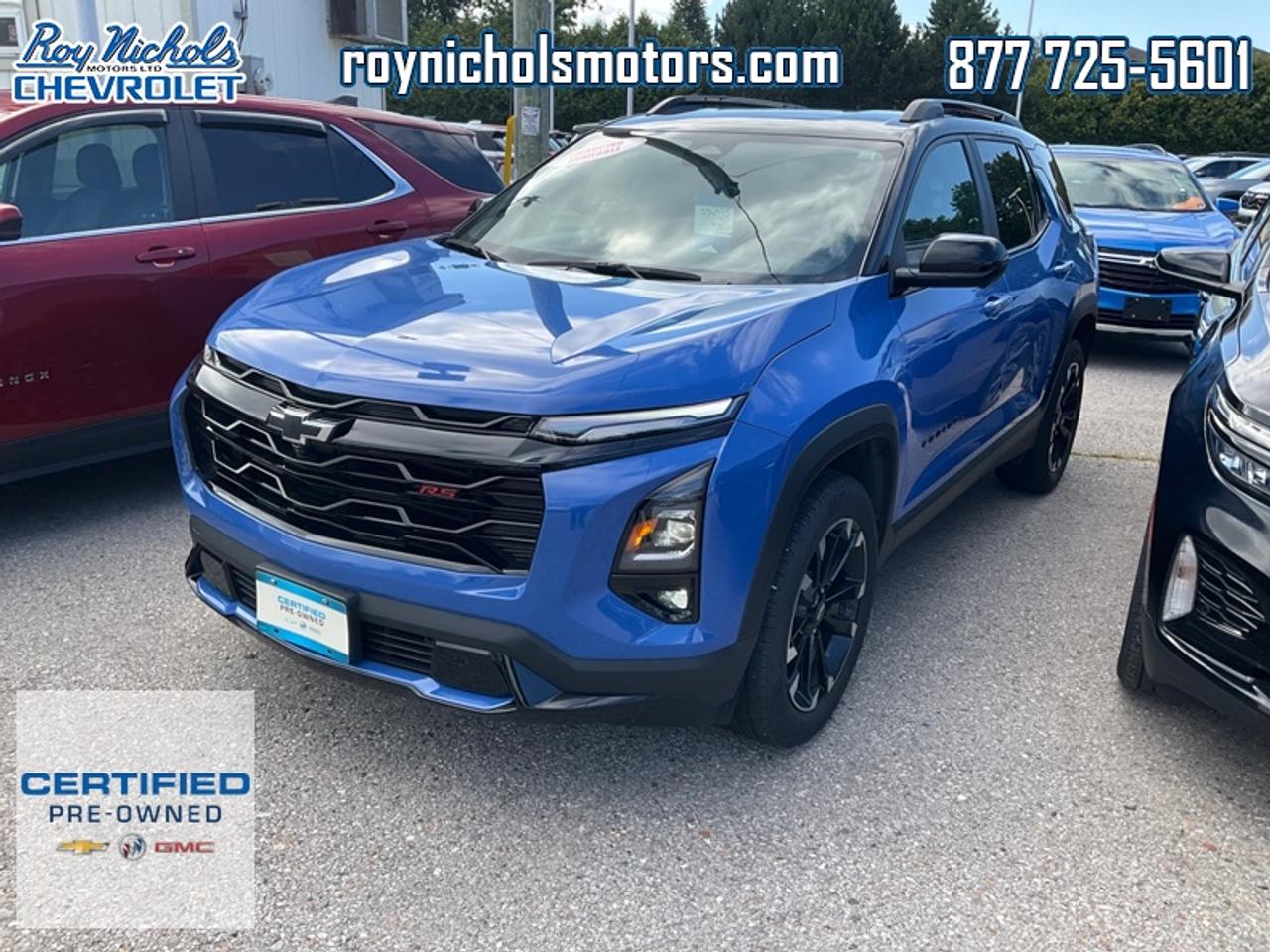 <b>Trade-in, One Owner, Local, Certified, Wireless Charging,  Power Liftgate,  Heated Seats,  Heated Steering Wheel,  Remote Start!</b><br> <br> With its comfortable ride, roomy cabin and the technology to help you keep in touch, this 2025 Chevy Equinox is one of the best in its class. This 2025 Chevrolet Equinox is fresh on our lot in Courtice.<br> <br>This extremely competent Chevy Equinox is a rewarding SUV that doubles down on versatility, practicality and all-round reliability. The dazzling exterior styling is sure to turn heads, while the well-equipped interior is put together with great quality, for a relaxing ride every time. This 2025 Equinox is sure to be loved by the whole family.<br> <br>This SUV has 26,537 km and is a Certified Pre-Owned vehicle. Its Reef Blue Metallic in colour. It has an Automatic transmission and is powered by a smooth engine. And its got a certified used vehicle warranty for added peace of mind. This vehicle has been upgraded with the following features: Wireless Charging, Power Liftgate, Heated Seats, Heated Steering Wheel, Remote Start, Adaptive Cruise Control, Blind Spot Detection.<br> <br/>This vehicle has met our highest standard and has been put through the GM certification process by our GM trained technicians. Our GM Certified used vehicles go thru an extensive 150 + point inspection and are reconditioned back to near new condition.  Each vehicle comes with a minimum of a 3 month, 5000 KM warranty or the balance of the factory warranty (whichever is longer) with 24 hour roadside assistance. They also come with satisfaction guaranteed; a 30 day or 2500 km exchange privilege if you are not completely satisfied. And thats standard. If your budget permits, you can extend or upgrade to an even more comprehensive Certified Pre-Owned Vehicle Protection Plan . Youll also appreciate the convenience of being able to transfer any existing warranties to a new owner, should you ever decide to sell your Certified Pre-Owned Vehicle.If you are a student or recently graduated, you may also qualify for an additional $500 discount when a used GM vehicle is purchased.  For more information, please call any of our knowledgeable used vehicle staff at 877-725-5601.<br> <br/><br>Roy Nichols Motors is located in Courtice which is just east of Oshawa and west of Bowmanville. We offer an excellent selection of pre owned vehicles to choose from. To book a test drive or inquire about financing and leasing options, call one of our knowledgeable and professional staff today at (877) 725-5601. <br> Come by and check out our fleet of 20+ used cars and trucks and 180+ new cars and trucks for sale in Courtice.  o~o