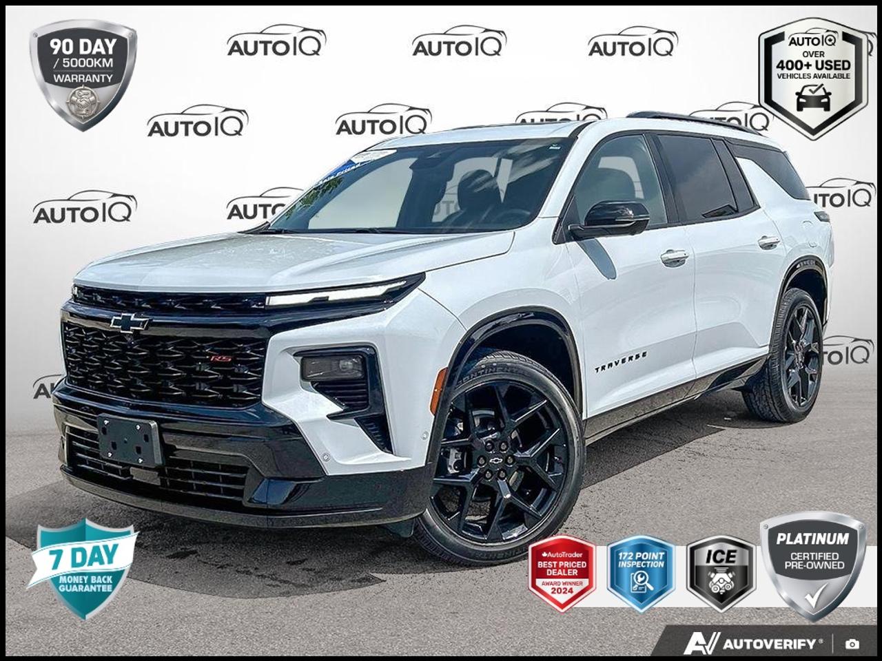 Recent Arrival!<br>CARFAX Canada No Reported Accidents CARFAX Canada One Owner<br>GM CERTIFIED PREOWNED VEHICLE <br>One Owner, | No Accidents, | Apple CarPlay/Android Auto, LOCAL TRADE, NEW TIRES, NEW BRAKES, AWD, 12 Speakers, 1st and 2nd Row All-Weather Floor Liners, 3rd Row All-Weather Floor Liner, 3rd row seats: split-bench, 6-Way Power Front Passenger Seat Adjuster, 8-Way Power Driver Seat Adjuster, Alloy wheels, Apple CarPlay/Android Auto, Auto High-beam Headlights, Auto tilt-away steering wheel, Auto-dimming door mirrors, Black Lug Nut & Wheel Lock Kit, Black Nameplate Kit, Bose Premium 12-Speaker Audio System Feature, Bumpers: body-colour, Child-Seat-Sensing Airbag, Delay-off headlights, Driver 4-Way Power Lumbar Seat Adjuster, Dual front impact airbags, Dual front side impact airbags, Emergency communication system: OnStar and Chevrolet connected services capable, Floor Liner Package, Front anti-roll bar, Front Bucket Seats, Front dual zone A/C, Front Passenger 4-Way Power Lumbar Seat Adjuster, Fully automatic headlights, Heated Driver and Front Passenger Seats, Heated rear seats, Heated steering wheel, Integrated Cargo Liner, Low tire pressure warning, Memory seat, Navigation System, Occupant sensing airbag, Overhead airbag, Panic alarm, Perforated Leather-Appointed Seat Trim, Power Liftgate, Power moonroof: Dual SkyScape, Preferred Equipment Group 2RS, Premium audio system: Chevrolet Infotainment 3 Plus, Radio data system, Radio: 17.7 Diagonal Display, Rain sensing wipers, Rear air conditioning, Rear anti-roll bar, Rear window wiper, Security system, SiriusXM with 360L Trial Subscription, Split folding rear seat, Ventilated Driver and Front Passenger Seats, Wheels: 22 High Gloss Black Painted Aluminum.<br><br>Polar White Tricoat RS<br>CRUISE CONTROL STEERING ASSIST | AERIAL VIEW CAMERA | TRAILERING PKG | PANORAMIC SUNROOF | COOLED AND HEATED SEATS | HEATED STEERING WHEEL AND MORE 2026 Chevrolet Traverse RS  2.5L DOHC<br>8-Speed Automatic<br>AWD<p> </p><p>GM CERTIFIED PRE-OWNED</p><p><strong>Special Financing Available:</strong> Take advantage of exclusive low finance rates OAC*, significantly lower than standard pre-owned rates!</p><p>Backed by GM Certified Pre-Owned standards, which include a thorough inspection and reconditioning process by factory-trained technicians. Plus, this vehicle includes our exclusive <strong>AutoIQ Platinum Standard</strong></p><p><strong>GM Certified Pre-Owned Benefits Include:</strong><br />- 150+ Point inspection by GM factory-trained technicians<br />- 3-month / 5,000-kilometre Limited Warranty*<br />- 24-hour Roadside Assistance<br />- 1-month OnStar Trial<br />- SiriusXM Trial</p><p><strong>AutoIQ Platinum Standard:</strong><br />- 36-point Provincial Safety Inspection<br />- Warranty: 90-days or 5,000 KM on inspected mechanical items, factory extended options eligible for warranty up to 200,000 KM<br />- 3X Provincial safety standard for tire tread depth<br />- 3X Provincial safety standard for brake pad thickness<br />- 7 Day Money Back Guarantee***<br />- Market Value Report provided<br />- Guaranteed 2 keys/key fobs and door code (if equipped)<br />- Equipped vehicles include a complimentary 3 month Sirius satellite radio subscription!<br />- Complimentary full interior detailing and carpet shampoo<br />- Paintless dent repair and/or touch-ups for applicable body panels<br />- Vehicle scanned for open recall notifications from manufacturer</p><p>SPECIAL NOTE: This vehicle is reserved for AutoIQs retail customers only. Please, no dealer calls. Errors & omissions excepted.</p><p>*O.A.C. Limited Warranty coverage of 3 months or 5000km, whichever comes first. Limitations apply. See dealer for details. **As-traded, specialty or high-performance vehicles are excluded from the 7-Day Money Back Guarantee Program (including, but not limited to Ford Shelby, Ford Mustang GT, Ford Raptor, Chevrolet Corvette, Camaro 2SS, Camaro ZL1, V-Series Cadillac, Dodge/Jeep SRT, Hyundai N Line, all electric models)</p>