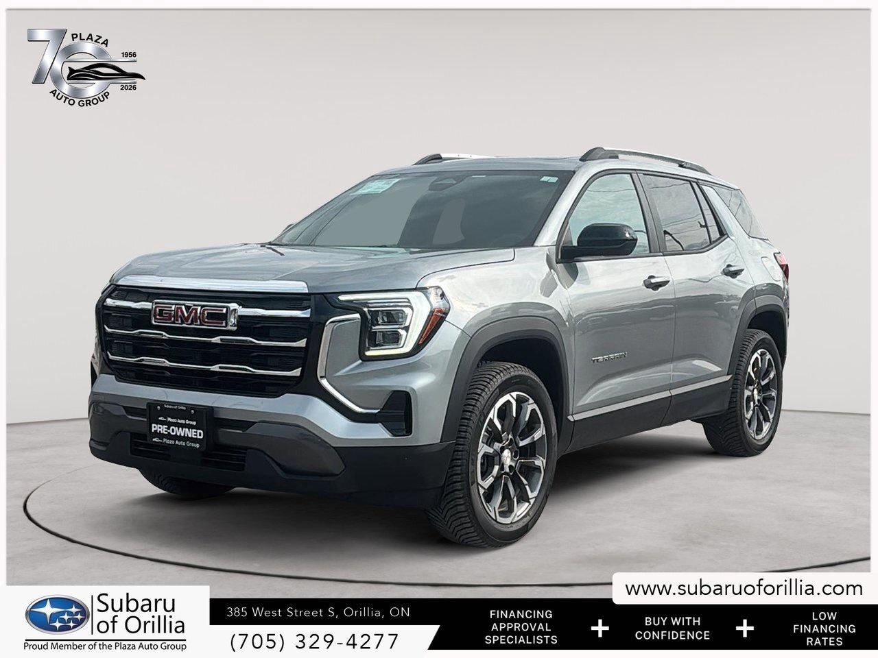 Introducing the 2025 GMC Terrain AWD Elevation, a stunning example of automotive excellence in an eye-catching silver finish. This all-wheel-drive SUV offers exceptional handling and a smooth ride powered by a robust 1.5L Turbo DOHC 4-Cylinder engine.    The Terrains exterior is matched with a sophisticated black interior, creating a dynamic and inviting environment for the driver and passengers alike. The elevation of style is further enhanced by features like alloy wheels and a well-crafted design focusing on both utility and aesthetics.    Technologically advanced, this Terrain comes equipped with a seamless navigation system, Bluetooth connection, and smart device integration to keep you connected on the go. Safety is paramount with state-of-the-art features including a backup camera, lane assist, parking sensors, and a comprehensive suite of driver assistance tools.    With heated seats, a heated steering wheel, and adaptive cruise control, comfort and convenience are at your fingertips. Ideal for families and adventure seekers, the GMC Terrain AWD Elevation promises experiences as expansive as the roads you travel. Contact Subaru of Orillia today to discover more about this remarkable SUV and schedule a test drive!           Plaza Auto Group, a Family Run Business For Over 70 Years. We strive to provide the highest quality experience in the automotive industry and we promise to not disappoint.      Experience the Plaza + Advantage      Lifetime Engine Warranty        Maintenance Loyalty Program        Double Ministry Standards        Haggle Free Pricing        Charitable Donation With Each Purchase        Full inspection report and Carfax        Looking to finance? We work with all major lenders to get you approved with the best available rates.      ONE KEY POLICY: All used cars come standard with One Key. In instances where the vehicle came with 2 Keys, both keys will be provided.