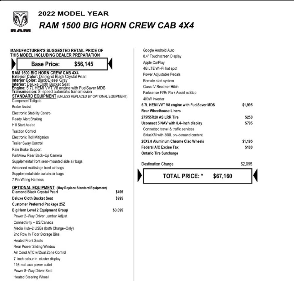 2022 RAM 1500 BIG HORN LEVEL 2 EQUIPMENT, HEMI, NAVI, 20" Photo