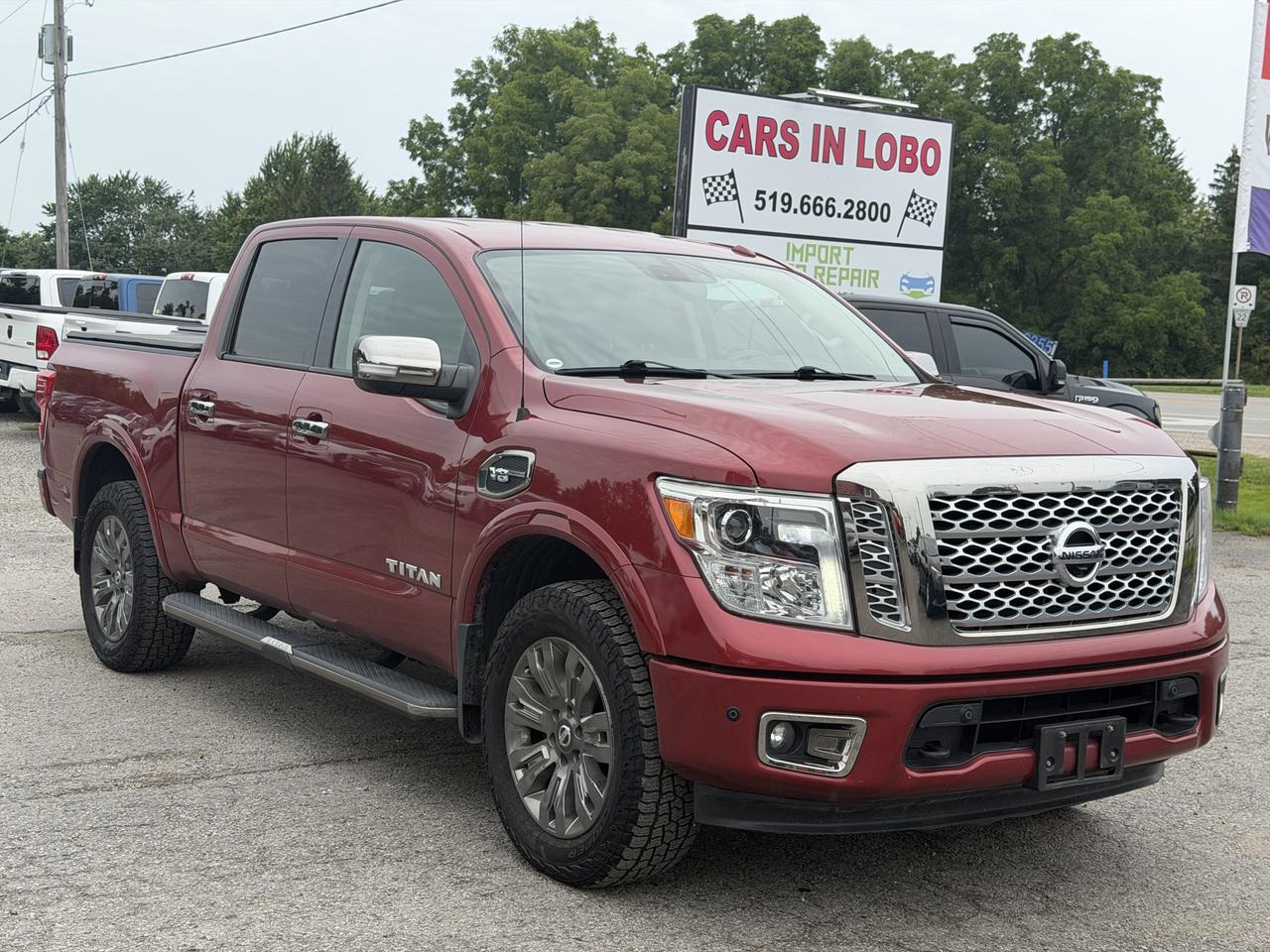 <p>2017 NISSAN TITAN PLATINUM RESERVE PACKAGE! 54XXXKM!</p><p>Safety inspection included in the full asking price // Carfax available // One owner // No accidents!</p><p>Experience luxury, power, and comfort in this well-equipped 2017 Nissan Platinum V8. This premium SUV offers a powerful V8 engine, spacious interior, and a smooth, comfortable ride. Equipped with convenient features including a reverse camera and parking assistance to make everyday driving easier.</p><p data-start=139 data-end=305><strong>CARS IN LOBO LTD.&nbsp; &ndash; Your trusted pre-owned vehicle destination!</strong></p><p>&nbsp;</p><p data-start=139 data-end=305><strong>Located at 6355 Egremont Dr, Komoka, ON N0L 1R0 &mdash; just 7 km west of Hyde Park Rd. Heading west on Fanshawe Park Rd as it becomes Egremont Dr, you&rsquo;ll find us at the traffic lights on the corner of Egremont Dr & Narin Rd in Middlesex county township of Lobo.&nbsp;</strong></p><p>&nbsp;</p><p data-start=139 data-end=305><strong>Serving London, Ontario/Middlesex County for over 10 years. A registered member of the UCDA (Used Car Dealers Association of Ontario) and fully licensed with OMVIC (Ontario Motor Vehicle Industry Council).</strong></p><p>&nbsp;</p><hr><p>&nbsp;</p><p data-start=139 data-end=305><strong><span style=font-size: 14pt;>CARS IN LOBO LTD. (Buy - Sell - Trade - Finance)&nbsp; </span><span style=font-size: 14pt;>Office#&nbsp; 519 666 2800 </span><span style=font-size: 14pt;>TEXT# 519 630 6660</span></strong></p><p>&nbsp;</p><hr><p>&nbsp;</p><p data-start=312 data-end=770><strong>- /Quality, locally sourced pre-owned vehicles at a competitive price<br>- /Safety certification Inspection included at the Full Asking Price! (unless listed otherwise)</strong><br><strong>- /We take all trade ins at a competitive & fair value&nbsp;</strong><br><strong>- /We buy cars outright with no purchase&nbsp;necessary</strong><br data-start=352 data-end=355><strong>- /CARFAX reports available on all cars</strong><br data-start=462 data-end=465><strong>- /Extended warranty options available</strong><br data-start=590 data-end=593><strong>- /Financing options available</strong><br data-start=642 data-end=645><strong>- /We register & plate your vehicle for you (Licensing Extra)</strong><br data-start=714 data-end=717><strong>- /No hidden fees. No pressure. Easy going team that is here to help.&nbsp;</strong></p><p>&nbsp;</p><p data-start=777 data-end=908><strong>Message us anytime or feel free to drop by! We are here to help make your next vehicle purchase simple and stress-free. -> OPEN 6 DAYS WEEK MONDAY - SATURDAY&nbsp;</strong></p><p>&nbsp;</p><p data-start=777 data-end=908>&nbsp;</p>