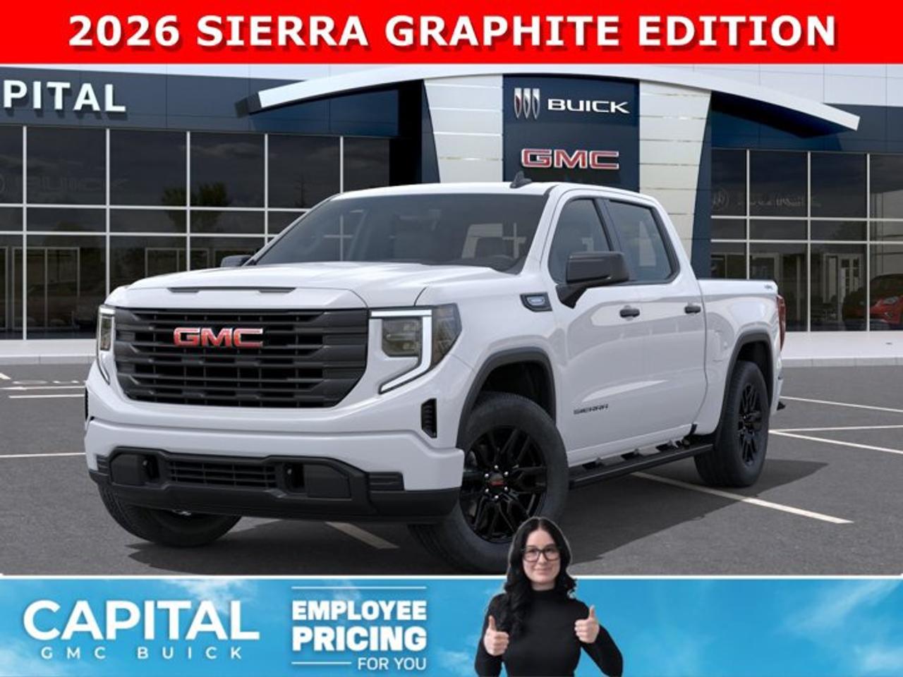 Check out this 2026 GMC Sierra 1500 Pro Graphite Edition... Equipped with 20 6-spoke high gloss Black painted aluminum wheels, Assist Steps, All-Weather Floor Liners, Intergrated Brake Controller, Body Colour Front and Rear Bumpers, Remote Start, High-Capacity Suspension Package, Trailering Package, EZ Lift power lock and release tailgate, Convenience Package, Pro Value Package and so much more! CALL NOWAsk for the Internet Department for more information or book your test drive today!AMVIC Licensed Dealer - Licence Number B1044900