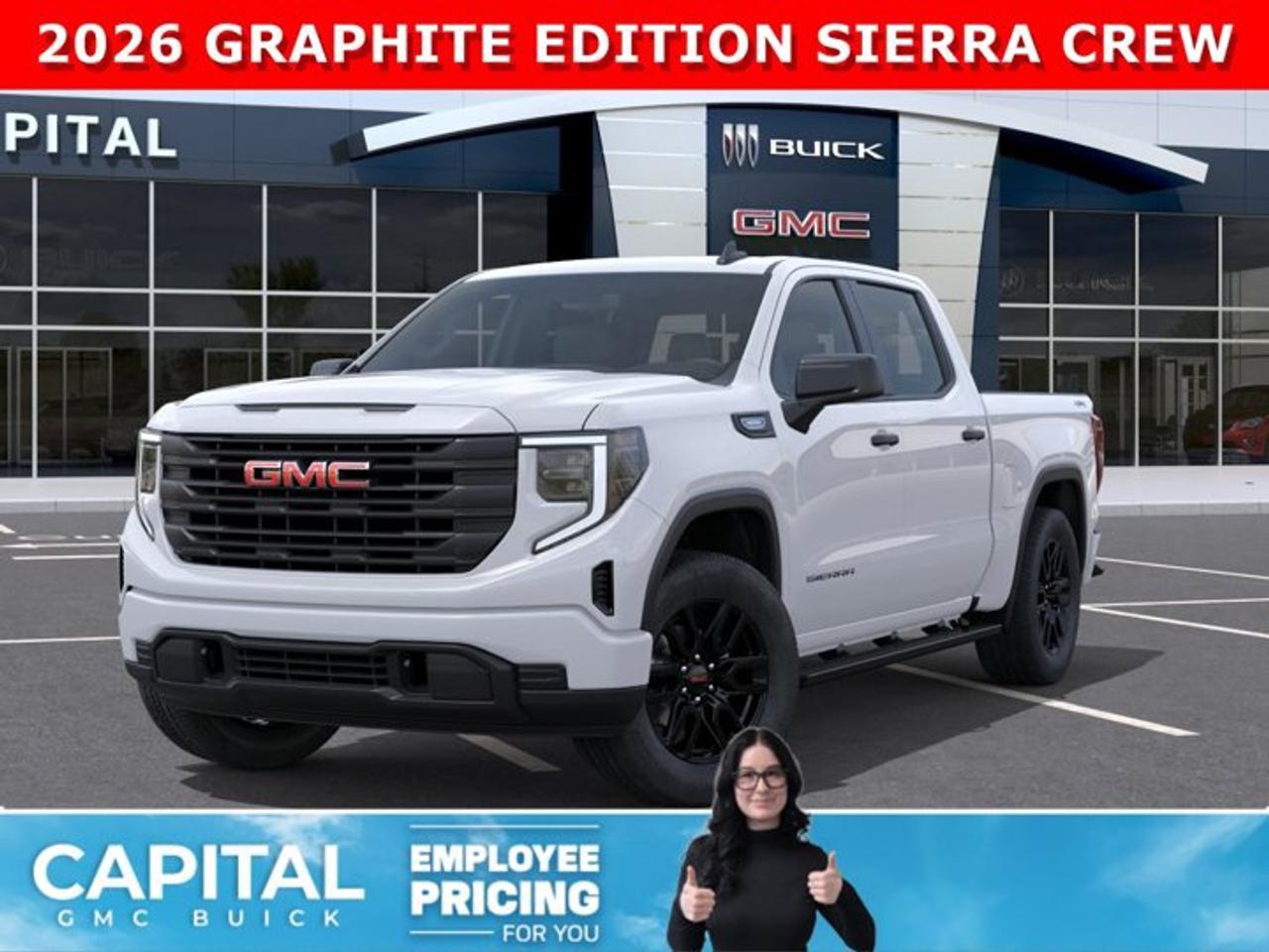 Check out this 2026 GMC Sierra 1500 Pro Graphite Edition... Equipped with 20 6-spoke high gloss Black painted aluminum wheels, Assist Steps, All-Weather Floor Liners, Intergrated Brake Controller, Body Colour Front and Rear Bumpers, Remote Start, High-Capacity Suspension Package, Trailering Package, EZ Lift power lock and release tailgate, Convenience Package, Pro Value Package and so much more! CALL NOWAsk for the Internet Department for more information or book your test drive today!AMVIC Licensed Dealer - Licence Number B1044900
