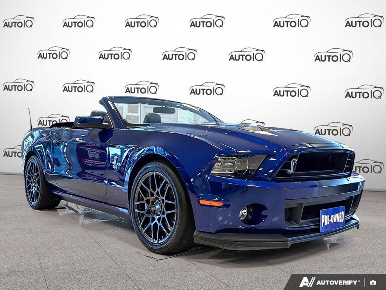 With an incredibly low 11,655 on the dash, this 2014 Shelby GT500 is a rare, unadulterated powerhouse that puts 662 supercharged horses directly to the pavement. It delivers the kind of raw, unapologetic performance that makes even the most finely tuned European exotics check their rearview mirrors. Freshly arrived and ready to set a new benchmark in the AutoIQ network, this GT500 isnt just a vehicleits a 200-mph statement piece. Dont miss your opportunity to own one of the most legendary modern muscle cars ever built!<br><br><b>ACCIDENT FREE, LOWEST KM IN MARKET, 172-POINT INSPECTION, CERTIFIED, NAV, HEATED SEATS!</b><br>Equipment Group 821A, SVT Performance Package, 19 x 9.5 Fr/20 x 9.5 Rr Unique Wheels, Bilstein Adjustable Dampers, TORSEN Differential w/3.31 Axle Ratio, Dual-Zone Automatic Temperature Control, Heated Leather Sport Bucket Seats, High-Intensity Discharge Headlights, Power convertible roof, Radio: Electronics Package w/Voice-Activated Nav, Shaker Audio AM/FM Stereo w/CDx1/MP3 System, SIRIUS Satellite Radio, Steering wheel mounted audio controls, SYNC Communications & Entertainment System, Fully automatic headlights.<br><br><b>2014 Ford Mustang Shelby GT500 2D Convertible 5.8L V8 32V Supercharged Tremec 6-Speed Manual RWD</b><br><br><b>Awards:</b><br>- 2014 KBB.com Brand Image Awards<br>- 2014 KBB.com 5-Year Cost to Own Awards<br><br><b>Reviews:</b><br>- Strong V6 and V8 engines; capable handling; ample performance enhancements and customization possibilities. - Edmunds<br>- Whether you want to relive your youth or are just looking for an affordable and livable sports car, the Mustang can deliver. Power-mongers who seek bragging rights to the worlds most powerful production V8 engine can opt for the Shelby GT500. - KBB.com<br><br><b>OEM OPTIONS:</b> ENG 5.8L 4V V8 SUPERCHARGED, TREMEC 6-SPEED MANUAL (TR6060), 821A, DEEP IMPACT BLUE METALLIC, CHARCOAL BLK/BLK ACCENT HEATED LEATHER SPORT BKT STS, RADIO ELECTRONICS PK W/VOICE-ACTIVATED NAV, BLK CLOTH ROOF<br><br><b>MARKET VALUE PRICED:</b> Safety Inspected & Ready.<br>- <b>OEM EXPERTISE:</b> As a Franchise Dealer, we have exclusive access to this vehicles full factory warranty & repair history.<br>- ULTRA LOW MILEAGE: Smart alternative to new.<br>- Ask about Certified Rates.<br><br><b>PERFORMANCE & CAPABILITY:</b> Check out this well-maintained <b>2014 Ford Shelby GT500</b> finished in Deep Impact Blue Metallic with a Charcoal Black/Blk Accent, Heated Leather Sport Bucket Seats interior, creating a cool, confident, and deep visual. Enjoy the open-air driving experience with this Convertible, perfect for scenic routes and sunny weather. Powered by a responsive <b>5.8L 8cyl</b> engine paired with a smooth <b>6 Speed Manual</b> and a confident <b>Rear Wheel Drive</b> system.<br><br><b>VEHICLE HISTORY:</b><br>- <b>Dealer Serviced:</b> Inspected and serviced by our technicians.<br><br><b>PROFILE & PEDIGREE:</b><br>- <b>Equipped with the Equipment Group 821A Package:</b> This vehicle includes a desirable bundle of factory options. The <b>Rear-Wheel Drive</b> configuration delivers a balanced and engaging driving experience.<br>Powered by a commanding <b>5.8L 8cyl</b>, delivering impressive horsepower and torque.<br><br><b>DETAILED EQUIPMENT:</b><br><b>Safety & Driver Assistance:</b> TRACTION CONTROL, ABS BRAKES, BRAKE ASSIST, DUAL FRONT IMPACT AIRBAGS, DUAL FRONT SIDE IMPACT AIRBAGS, IGNITION DISABLE<br><b>Comfort & Convenience:</b> POWER WINDOWS, POWER STEERING, 1-TOUCH DOWN, 1-TOUCH UP, AUTO-DIMMING REARVIEW MIRROR, DRIVER DOOR BIN<br><b>Technology & Entertainment:</b> TACHOMETER, COMPASS, CD PLAYER, OUTSIDE TEMPERATURE DISPLAY, CD-MP3 DECODER, RADIO: ELECTRONICS PACKAGE W/VOICE-ACTIVATED NAV<br><b>Performance & Capability:</b> FRONT ANTI-ROLL BAR, FRONT WHEEL INDEPENDENT SUSPENSION, REAR ANTI-ROLL BAR, SPEED-SENSING STEERING, ENG 5.8L 4V V8 SUPERCHARGED<p></p>

<h4>PRE-OWNED PERFORMANCE VEHICLE</h4>

<p>36-point Provincial Safety Inspection<br />
172-point inspection combined mechanical, aesthetic, functional inspection including a vehicle report card<br />
Warranty: 30 Days or 1500 KMS on mechanical safety-related items and extended plans are available<br />
Complimentary CARFAX Vehicle History Report<br />
2X Provincial safety standard for tire tread depth<br />
2X Provincial safety standard for brake pad thickness<br />
Market Value Report provided<br />
Complimentary 3 months SIRIUS XM satellite radio subscription on equipped vehicles<br />
Complimentary wash and vacuum<br />
Vehicle scanned for open recall notifications from manufacturer<br />

<p>SPECIAL NOTE: This vehicle is reserved for AutoIQs retail customers only. Please, No dealer calls. Errors & omissions excepted.</p>

<p>*As-traded, specialty or high-performance vehicles are excluded from the 7-Day Money Back Guarantee Program (including, but not limited to Ford Shelby, Ford mustang GT, Ford Raptor, Chevrolet Corvette, Camaro 2SS, Camaro ZL1, V-Series Cadillac, Dodge/Jeep SRT, Hyundai N Line, all electric models)</p>