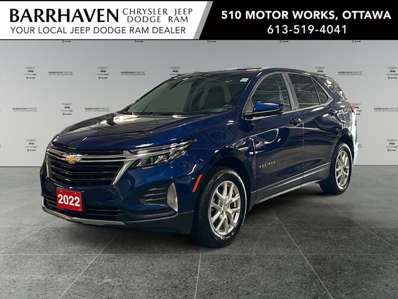 Experience the perfect blend of style and performance with the 2022 Chevrolet Equinox AWD LT in a striking blue finish. This versatile SUV boasts an automatic transmission and a capable all-wheel-drive system, making it an excellent choice for navigating both city streets and rugged terrains with ease. The exterior showcases alloy wheels and a bold design, complemented by features like heated mirrors and a backup camera that enhance both aesthetics and functionality. Inside, enjoy the comfort and convenience of heated front seats, power-adjustable seats, and keyless entry. The spacious interior is also equipped with power windows and remote start, ensuring a seamless driving experience. Stay connected and safe with advanced technology features such as a touchscreen display, smart device integration, and a wi-fi hotspot. The vehicle also provides a satellite radio and Bluetooth connection for entertainment on the go. Safety is prioritized with lane assistance, helping you drive with confidence. If youre looking for a reliable and stylish SUV that doesnt compromise on technology or safety, the 2022 Chevrolet Equinox AWD LT is the ideal choice. Visit Barrhaven Jeep Dodge Chrysler Ram today or contact us to learn more about this exceptional vehicle! FREE CARFAX, NO ADMIN FEES, NON SMOKER, CERTIFIED PRICE PLUS TAX ONLY!!