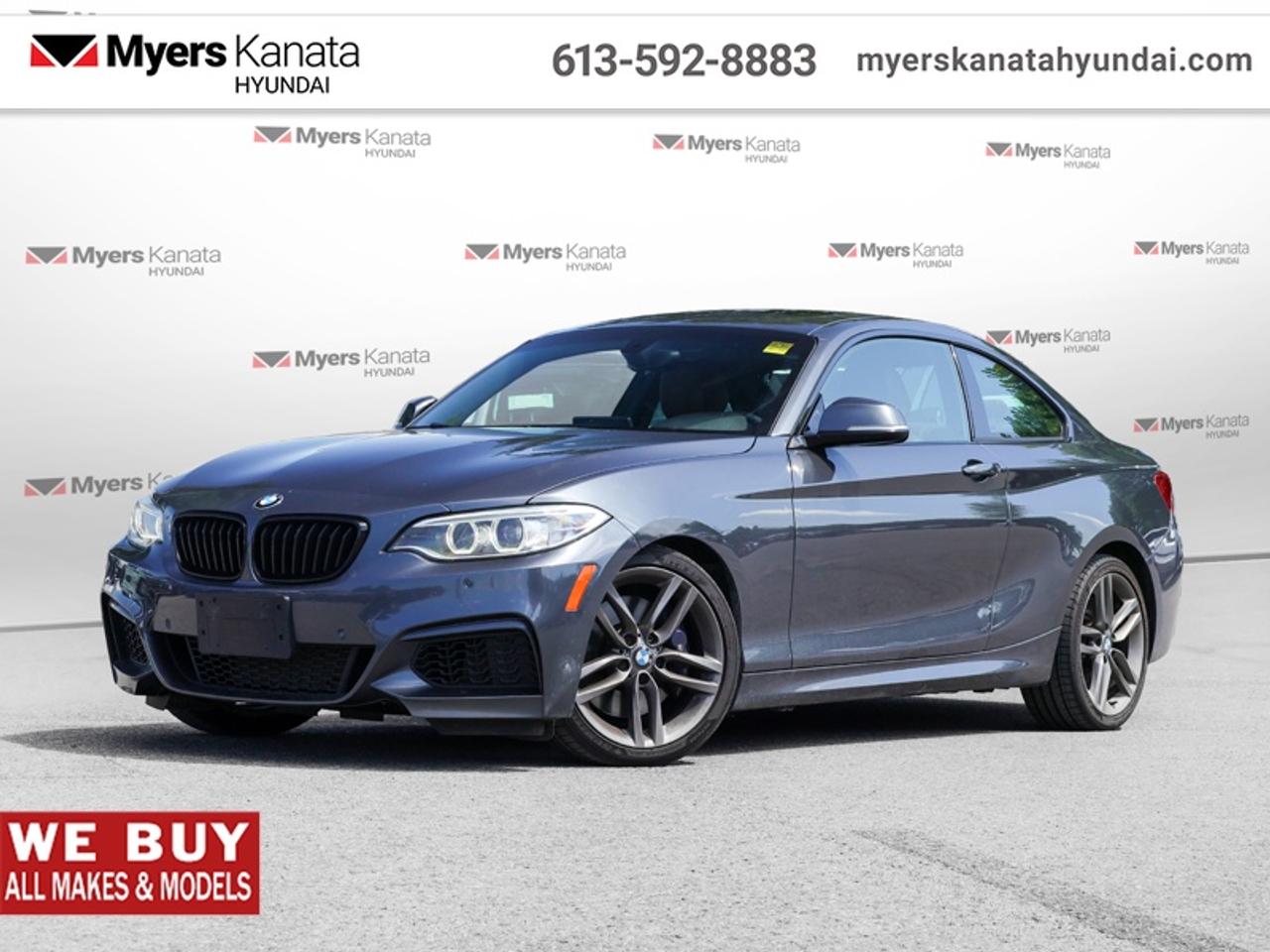 <b>Low Mileage, Sunroof,  Navigation,  Heated Seats,  Memory Seats,  Heated Steering Wheel!</b><br> <br> This 2 Series may be the entry level BMW, but it never claimed to rest on its laurels. This 2017 BMW 2 Series is fresh on our lot in Kanata.<br> <br>If you are looking for your first BMW, the 2017 2 Series is your perfect choice. With its impressive performance and sumptuous luxury interior, this 2 Series is easily one of the finer choices for a compact performance coupe. Enjoy confident handling and quick performance while experiencing a smooth and uninterrupted ride. The comfortable and surprisingly spacious cabin has premium levels of luxury allowing all passengers to enjoy the ride.<br> <br>This coupe has 81,515 km. Its nice in colour. It has an Automatic transmission and is powered by a 248HP 2.0L 4 Cylinder Engine. <br> <br> Our 2 Seriess trim level is 230i xDrive AWD. Step up this 230i xDrive for all wheel drive and extreme grip for those thrilling joyrides. This 2 series BMW satisfies your need for speed, while also offering luxurious comforts like a power sunroof, heated seats, memory settings, a heated steering wheel, steering wheel audio control, WiFi, navigation, parking sensors, lane departure warning, and a rear camera. This vehicle has been upgraded with the following features: Sunroof, Navigation, Heated Seats, Memory Seats, Heated Steering Wheel, Steering Wheel Control, WiFi.<br> <br>To apply right now for financing use this link: <a href=https://www.myerskanatahyundai.com/finance/ target=_blank>https://www.myerskanatahyundai.com/finance/</a><br> <br/>Buy this vehicle now for the lowest weekly payment of <b>$85.55</b> with $0 down for 84 months @ 8.99% APR O.A.C. ( Plus applicable taxes - and licensing fees ). See dealer for details. <br><br>Smart buyers buy at Myers where all cars come Myers Certified including a 1 year tire and road hazard warranty (some conditions apply, see dealer for full details.)<br> <br>This vehicle is located at Myers Kanata Hyundai 400-2500 Palladium Dr Kanata, Ontario.<br>*LIFETIME ENGINE TRANSMISSION WARRANTY NOT AVAILABLE ON VEHICLES WITH KMS EXCEEDING 140,000KM, VEHICLES 8 YEARS & OLDER, OR HIGHLINE BRAND VEHICLE(eg. BMW, INFINITI. CADILLAC, LEXUS...)<br> Come by and check out our fleet of 30+ used cars and trucks and 190+ new cars and trucks for sale in Kanata.  o~o
