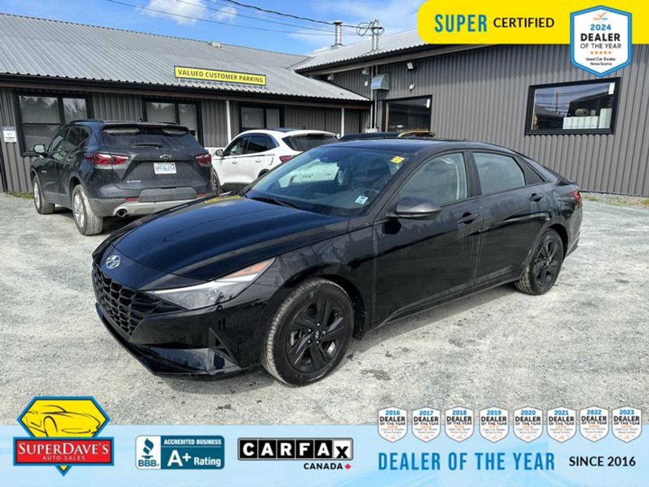 Meet this Super Certified 2023 Hyundai ELANTRA Preferred W/Tech Pkg   a sleek black sedan that blends style, technology and top-rated safety into one irresistible package. This low mileage vehicle looks sharp in Space Black with a black interior and premium cloth seating surfaces, and it comes packed with creature comforts like a sun/moonroof, heated front seats and a heated leather-wrapped steering wheel for chilly mornings. Youll appreciate the intuitive tech too: smart device integration, navigation, Bluetooth, satellite radio and a backup camera make every drive more connected and convenient.<br><p>THE SUPER DAVES ADVANTAGE</p> <p>BUY REMOTE - No need to visit the dealership. Through email, text, or a phone call, you can complete the purchase of your next vehicle all without leaving your house!</p> <p>DELIVERED TO YOUR DOOR - Your new car, delivered straight to your door! When buying your car with Super Daves, well arrange a fast and secure delivery. Just pick a time that works for you and well bring you your new wheels!</p> <p>PEACE OF MIND WARRANTY - Every vehicle we sell comes backed with a warranty so you can drive with confidence.</p> <p>EXTENDED COVERAGE - Get added protection on your new car and drive confidently with our selection of competitively priced extended warranties.</p> <p>WE ACCEPT TRADES - We&rsquo;ll accept your trade for top dollar! We&rsquo;ll assess your trade in with a few quick questions and offer a guaranteed value for your ride. We&rsquo;ll even come pick up your trade when we deliver your new car.</p> <p>SUPER CERTIFIED INSPECTION - Every vehicle undergoes an extensive 120 point inspection, that ensure you get a safe, high quality used vehicle every time.</p> <p>FREE CARFAX VEHICLE HISTORY REPORT - If youre buying used, its important to know your cars history. Thats why we provide a free vehicle history report that lists any accidents, prior defects, and other important information that may be useful to you in your decision.</p> <p>METICULOUSLY DETAILED &ndash; Buying used doesn&rsquo;t mean buying grubby. We want your car to shine and sparkle when it arrives to you. Our professional team of detailers will have your new-to-you ride looking new car fresh.</p> <p>(Please note that we make all attempt to verify equipment, trim levels, options, accessories, kilometers and price listed in our ads however we make no guarantees regarding the accuracy of these ads online. Features are populated by VIN decoder from manufacturers original specifications. Some equipment such as wheels and wheels sizes, along with other equipment or features may have changed or may not be present. We do not guarantee a vehicle manual, manuals can be typically found online in the rare event the vehicle does not have one. Please verify all listed information with our dealership in person before purchase. The sale price does not include any ongoing subscription based services such as Satellite Radio. Any software or hardware updates needed to run any of these systems would also be the responsibility of the client. All listed payments are OAC which means On Approved Credit and are estimated without taxes and fees as these may vary from deal to deal, taxes and fees are extra. As these payments are based off our lenders best offering they may be subject to change without notice. Please ensure this vehicle is ready to be viewed at the dealership by making an appointment with our sales staff. We cannot guarantee this vehicle will be on premises and ready for viewing unless and appointment has been made.)</p>